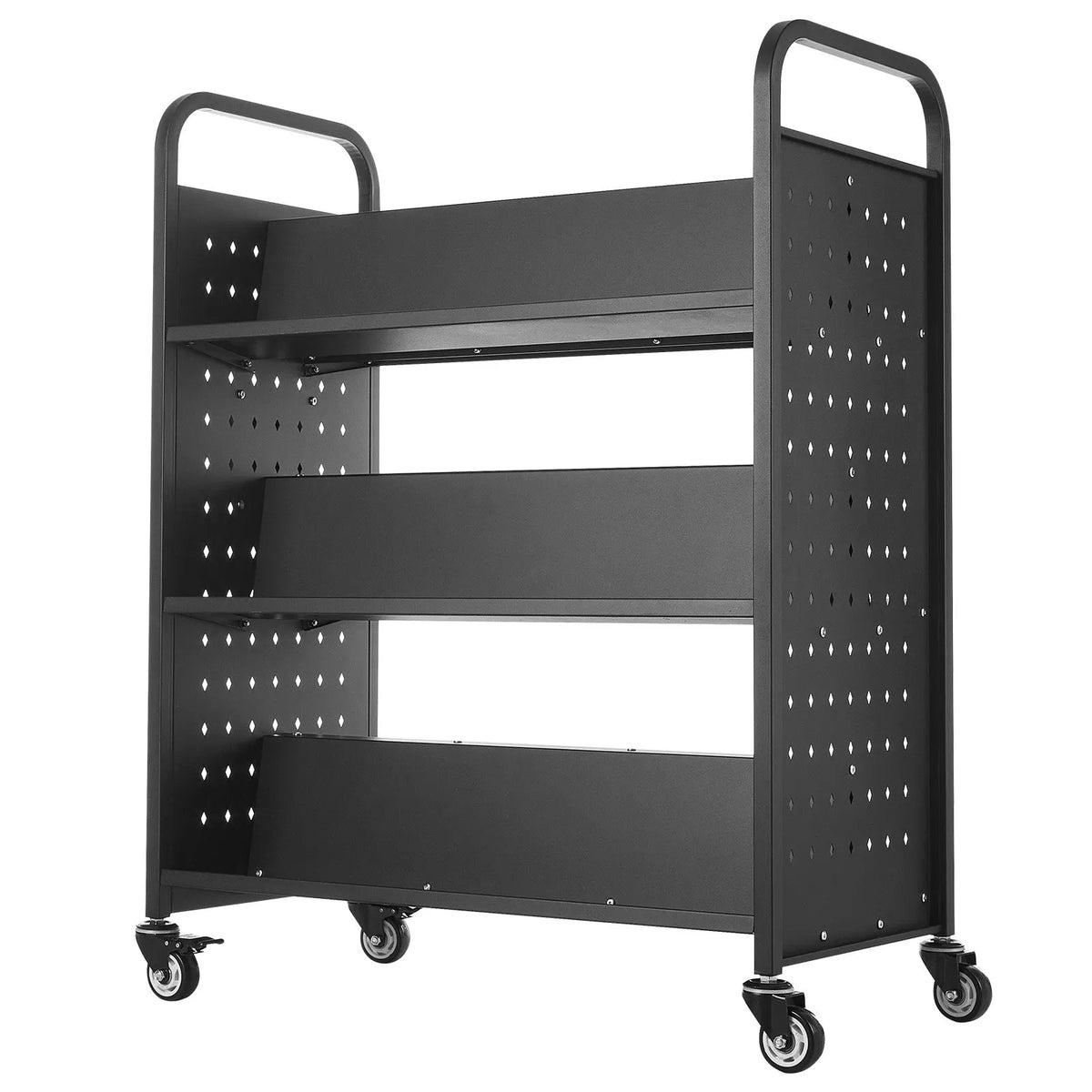 VEVOR Bibliotēkas grāmatu ratiņi uz riteņiem, kravnesība 150 kg, 97 x 51,5 x 122,5 cm, divpusēji W veida plaukti, 76,2 mm bloķējami riteņi, melni - ZEMLETES.LV