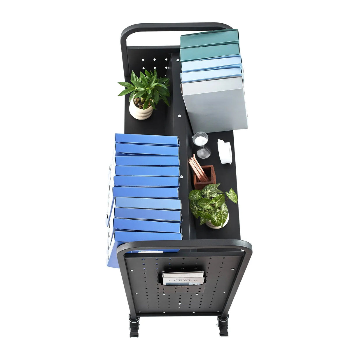 VEVOR Bibliotēkas grāmatu ratiņi uz riteņiem, kravnesība 150 kg, 97 x 51,5 x 122,5 cm, divpusēji W veida plaukti, 76,2 mm bloķējami riteņi, melni - ZEMLETES.LV