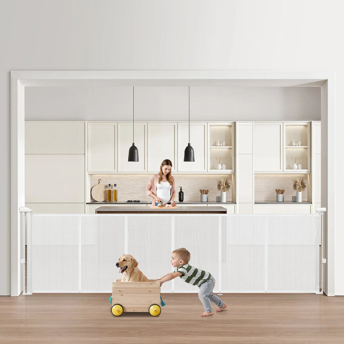 VEVOR izvelkami bērnu drošības vārti, augstums 870 mm, platums līdz 2800 mm, sieta materiāls, piemēroti kāpnēm, durvju ailēm, gaiteņiem un rotaļu zonām, viegla uzstādīšana, balti - ZEMLETES.LV
