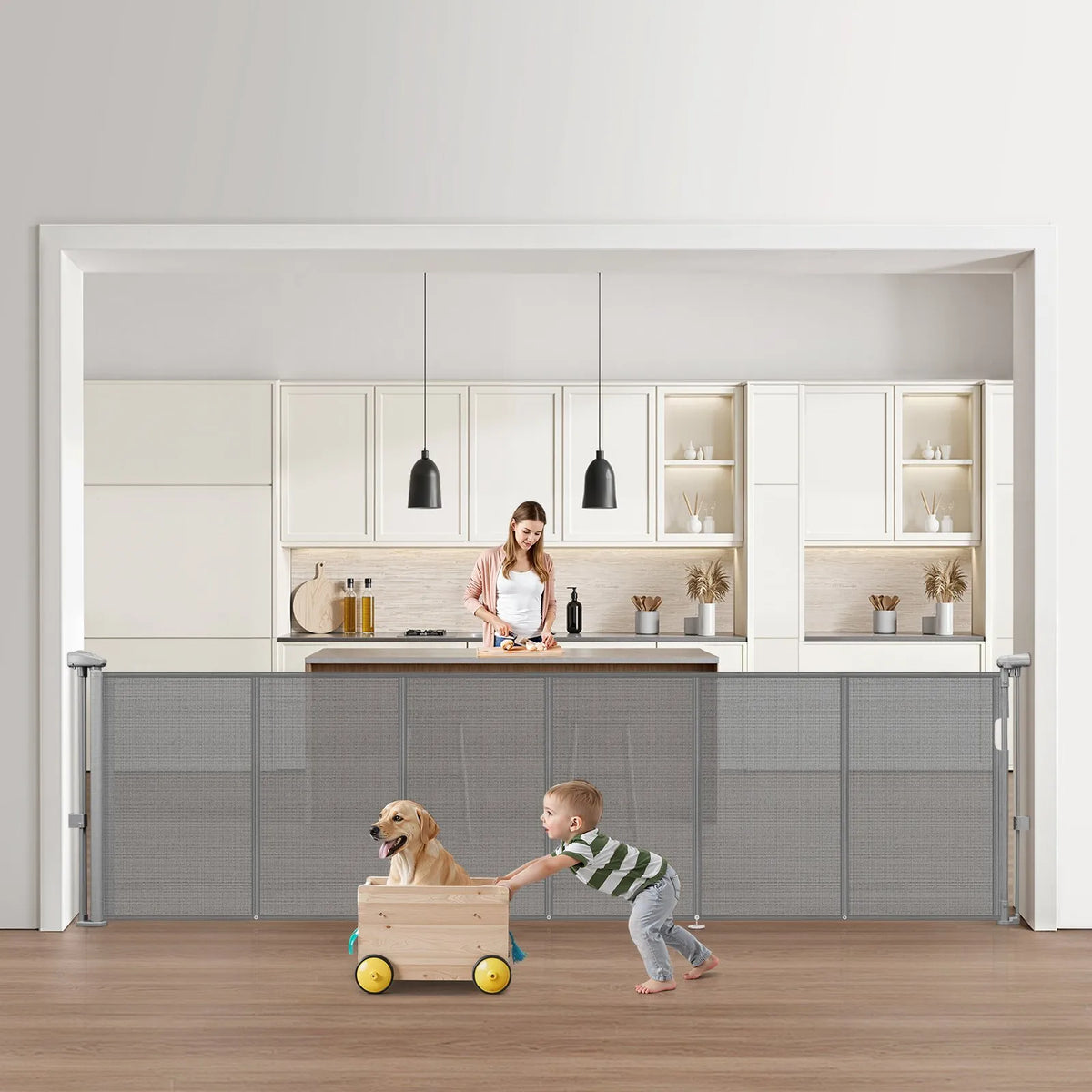 VEVOR izvelkami bērnu drošības vārti, augstums 870 mm, platums līdz 2800 mm, sieta materiāls, piemēroti kāpnēm, durvju ailēm, gaiteņiem un rotaļu zonām, viegla uzstādīšana, pelēki - ZEMLETES.LV
