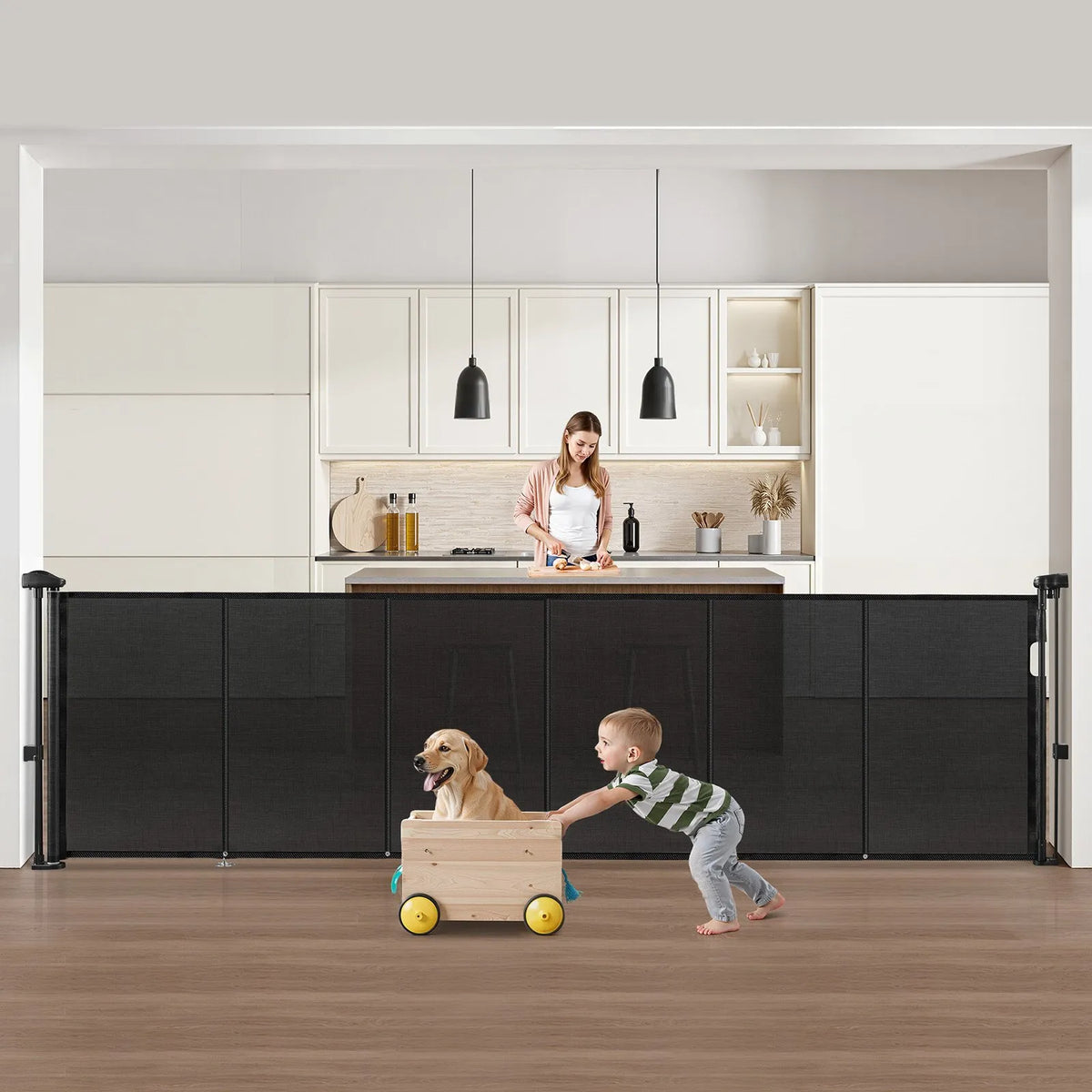 VEVOR izvelkami bērnu drošības vārti, augstums 870 mm, platums līdz 2800 mm, sieta materiāls, piemēroti kāpnēm, durvju ailēm, gaiteņiem un rotaļu zonām, viegla uzstādīšana, melni - ZEMLETES.LV