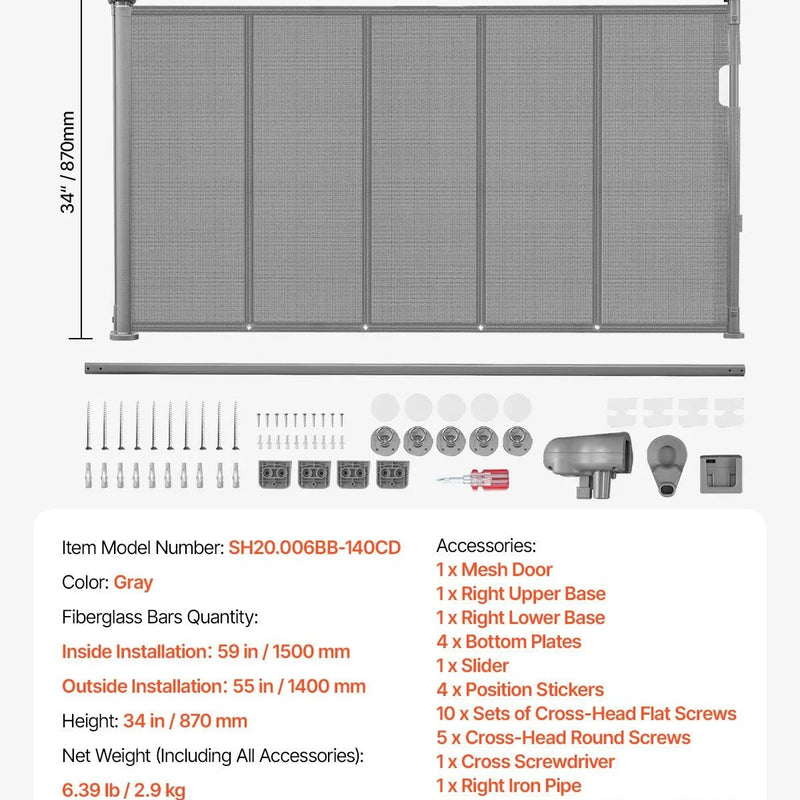 VEVOR izvelkami bērnu drošības vārti, augstums 870 mm, platums līdz 1400 mm, sieta materiāls, piemēroti kāpnēm, durvju ailēm, gaiteņiem un rotaļu zonām, viegla uzstādīšana, pelēki - ZEMLETES.LV
