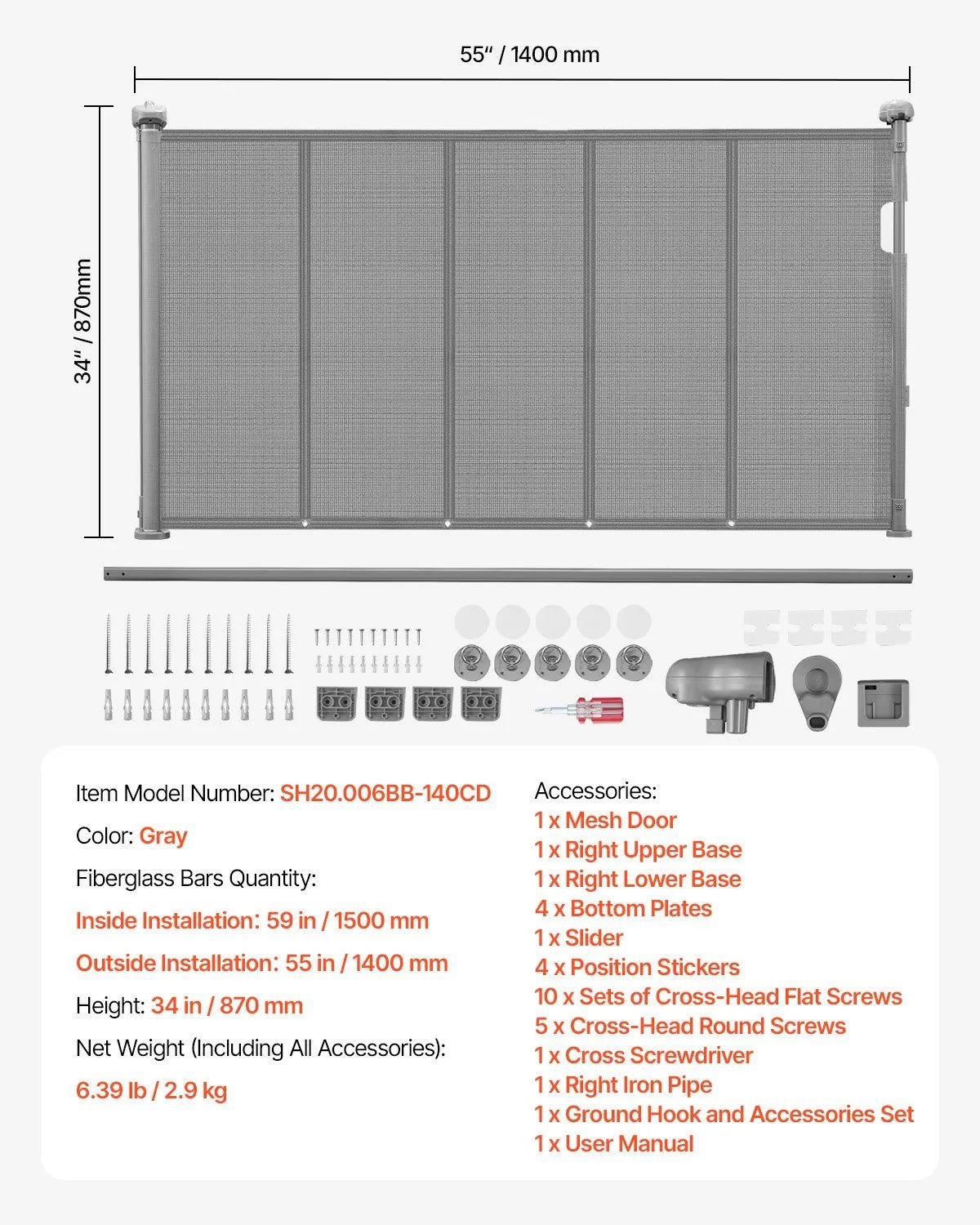 VEVOR izvelkami bērnu drošības vārti, augstums 870 mm, platums līdz 1400 mm, sieta materiāls, piemēroti kāpnēm, durvju ailēm, gaiteņiem un rotaļu zonām, viegla uzstādīšana, pelēki - ZEMLETES.LV