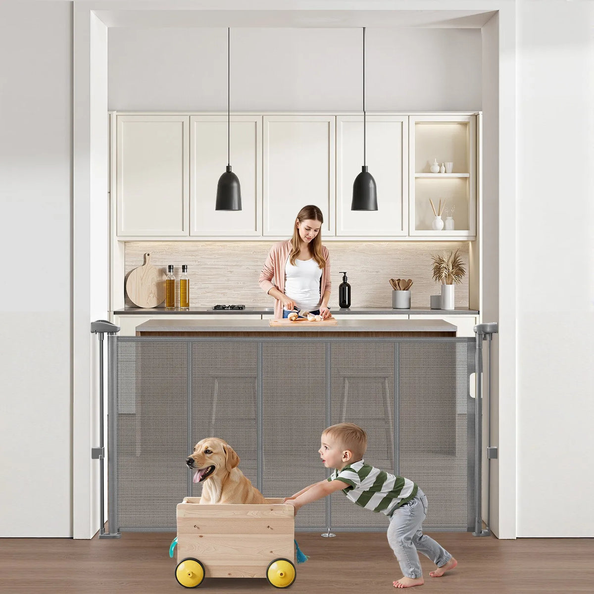 VEVOR izvelkami bērnu drošības vārti, augstums 870 mm, platums līdz 1400 mm, sieta materiāls, piemēroti kāpnēm, durvju ailēm, gaiteņiem un rotaļu zonām, viegla uzstādīšana, pelēki - ZEMLETES.LV