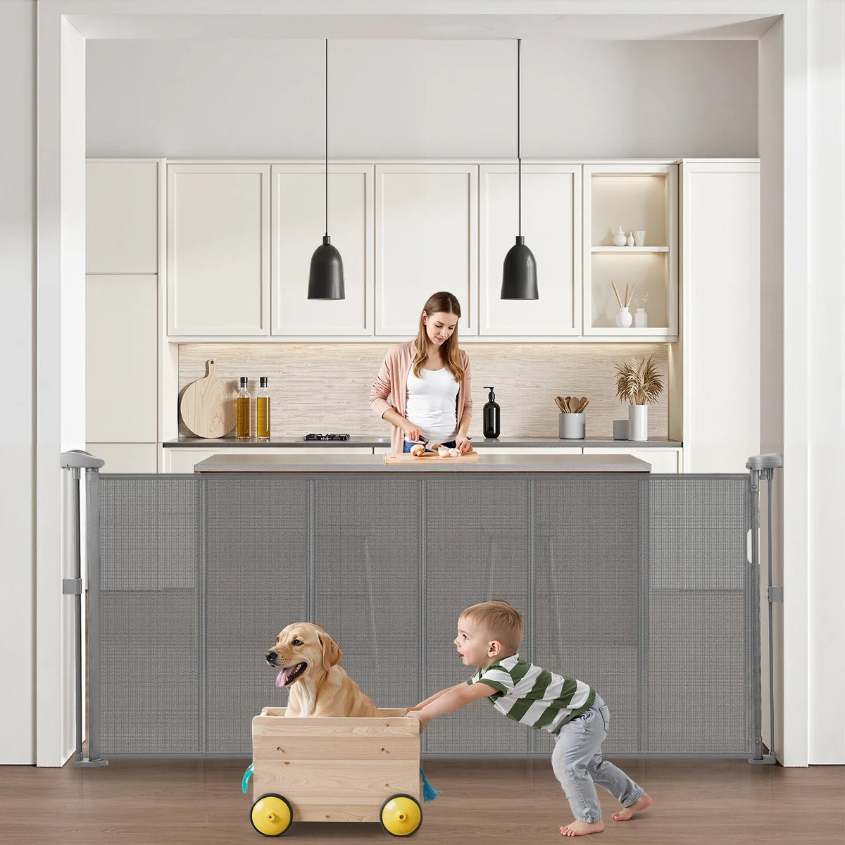VEVOR izvelkami bērnu drošības vārti, augstums 870 mm, platums līdz 1800 mm, sieta materiāls, piemēroti kāpnēm, durvju ailēm, gaiteņiem un rotaļu zonām, viegla uzstādīšana, pelēki - ZEMLETES.LV