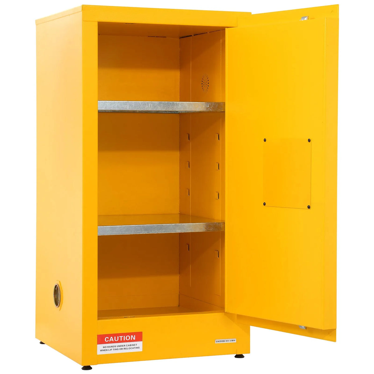 VEVOR 60 l uzliesmojošu šķidrumu drošības skapis, 460 × 460 × 900 mm, Q235 auksti velmēta tērauda skapis ar 2 regulējamiem plauktiem, slēdzamām durvīm un ventilācijas atverēm, rūpnieciskai lietošanai, dzeltens.