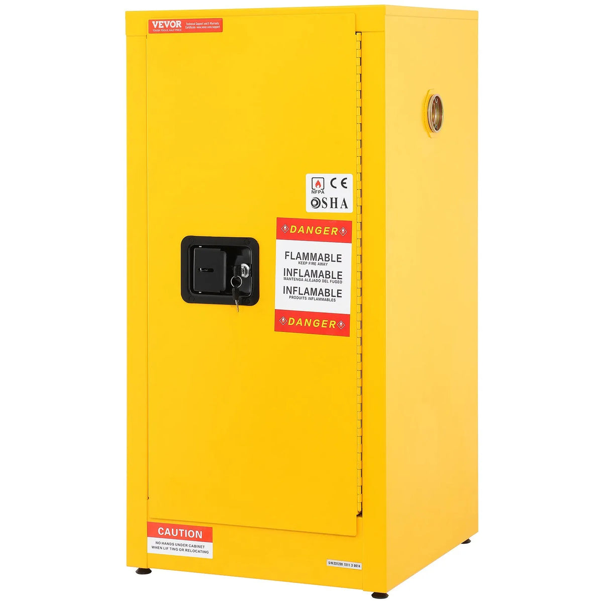 VEVOR 60 l uzliesmojošu šķidrumu drošības skapis, 460 × 460 × 900 mm, Q235 auksti velmēta tērauda skapis ar 2 regulējamiem plauktiem, slēdzamām durvīm un ventilācijas atverēm, rūpnieciskai lietošanai, dzeltens.