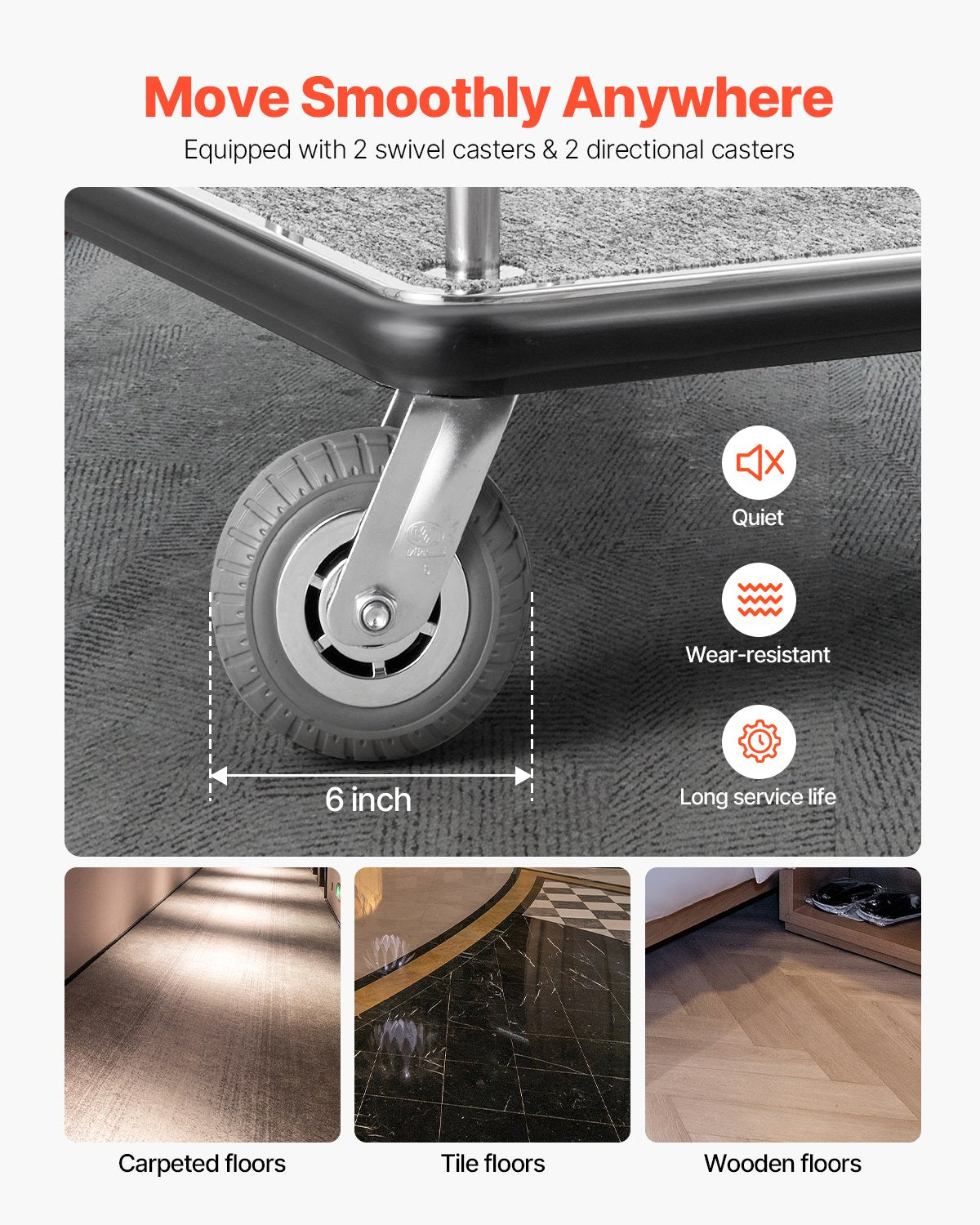 VEVOR viesnīcu bagāžas ratiņi, kravnesība 363 kg, nerūsējošā tērauda apdare, ratiņi ar pelēku paklāja platformu un 152 mm gumijas riteņiem, sudraba krāsā, piemēroti viesnīcām, apartamentiem un kūrortiem - ZEMLETES.LV