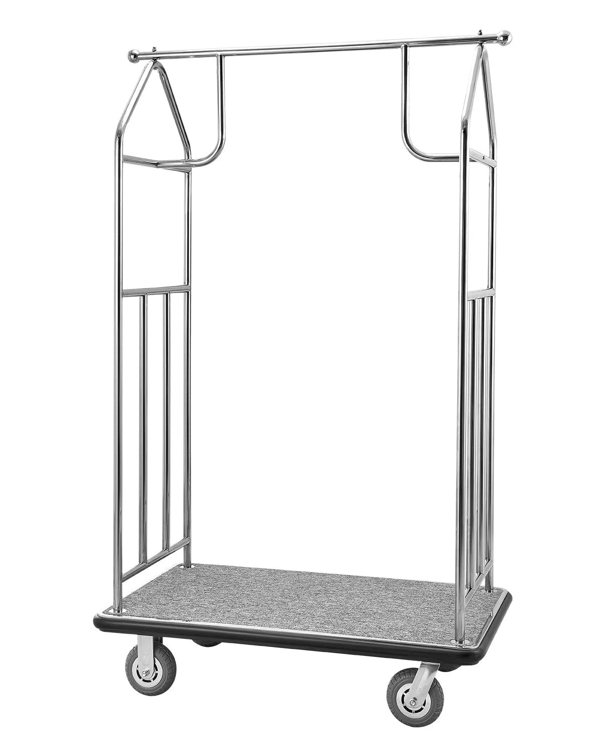 VEVOR viesnīcu bagāžas ratiņi, kravnesība 363 kg, nerūsējošā tērauda apdare, ratiņi ar pelēku paklāja platformu un 152 mm gumijas riteņiem, sudraba krāsā, piemēroti viesnīcām, apartamentiem un kūrortiem - ZEMLETES.LV