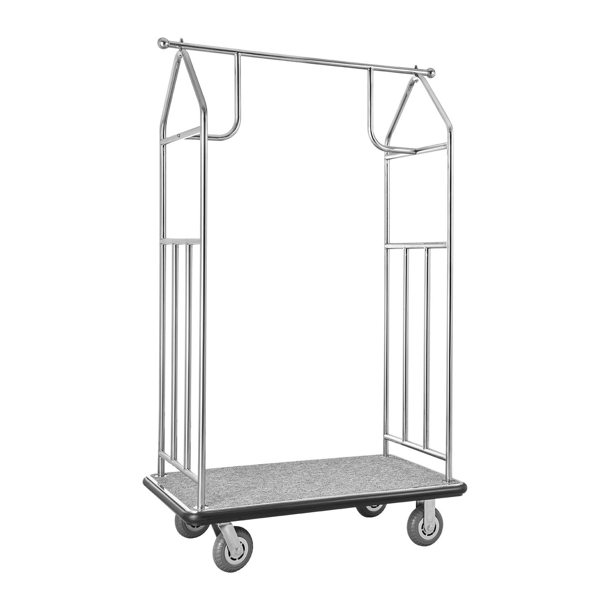VEVOR viesnīcu bagāžas ratiņi, kravnesība 363 kg, nerūsējošā tērauda apdare, ratiņi ar pelēku paklāja platformu un 152 mm gumijas riteņiem, sudraba krāsā, piemēroti viesnīcām, apartamentiem un kūrortiem - ZEMLETES.LV