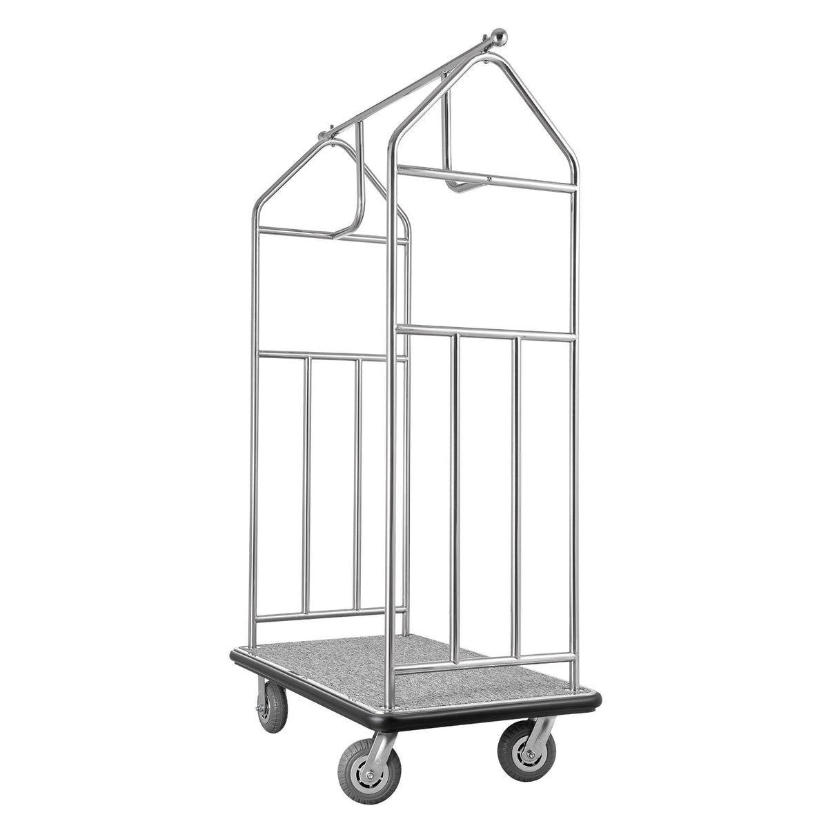 VEVOR viesnīcu bagāžas ratiņi, kravnesība 363 kg, nerūsējošā tērauda apdare, ratiņi ar pelēku paklāja platformu un 152 mm gumijas riteņiem, sudraba krāsā, piemēroti viesnīcām, apartamentiem un kūrortiem - ZEMLETES.LV