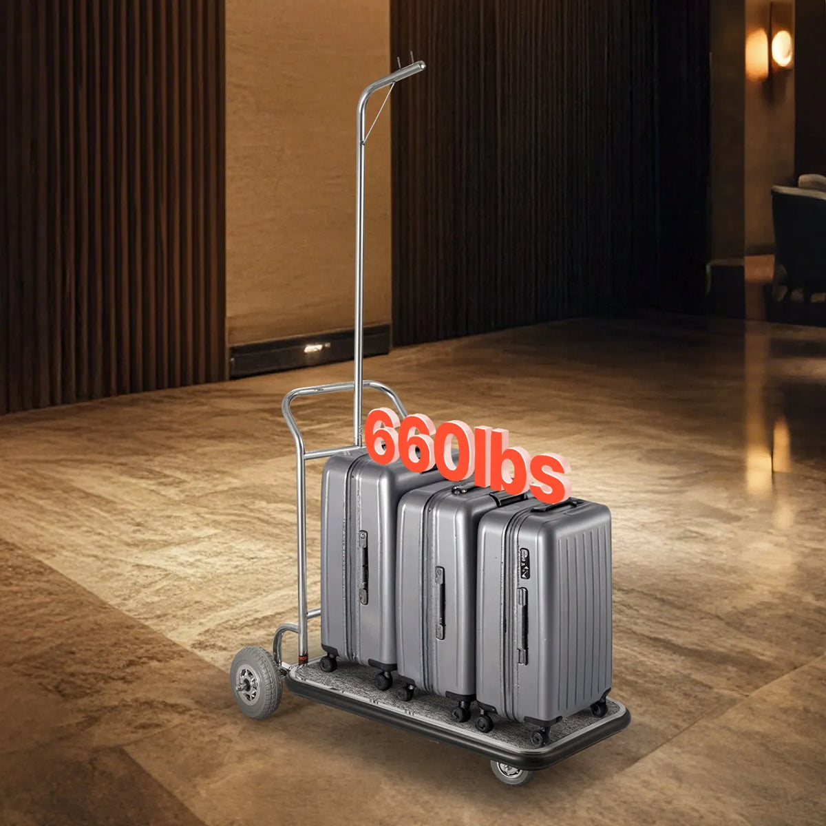VEVOR bagāžas ratiņi, kravnesība 272 kg, 3 riteņu nerūsējošā tērauda ratiņi ar pelēku paklāja platformu un gumijas riteņiem, sudraba krāsā, piemēroti konferenču centriem, viesnīcām un īres īpašumiem - ZEMLETES.LV