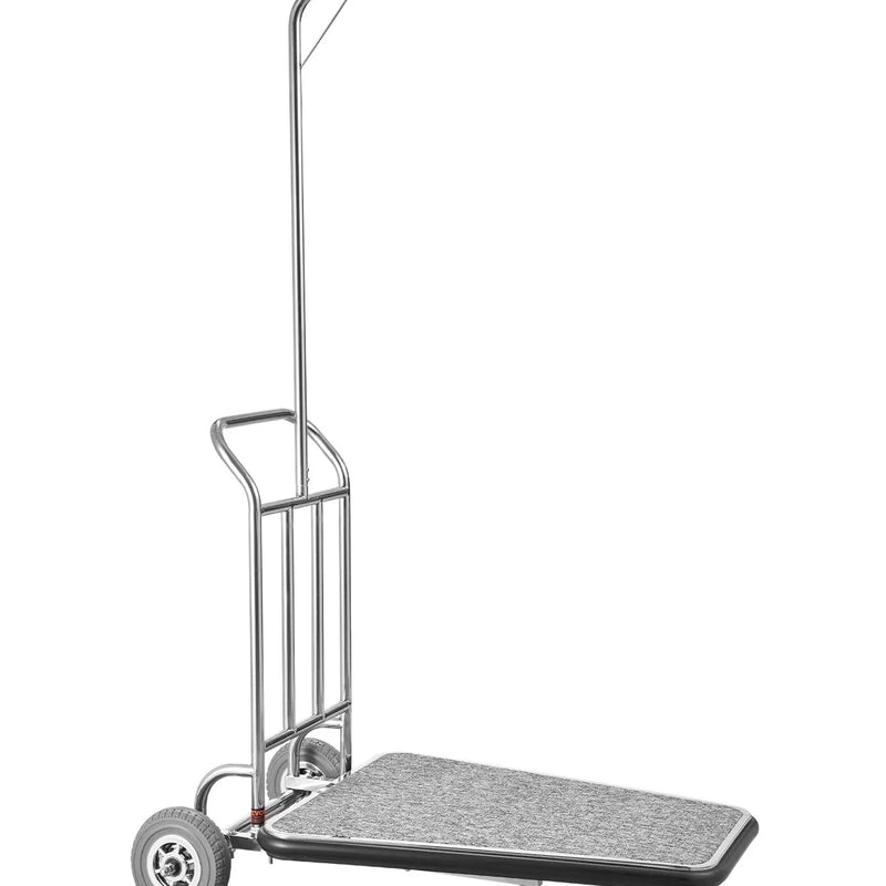 VEVOR bagāžas ratiņi, kravnesība 272 kg, 3 riteņu nerūsējošā tērauda ratiņi ar pelēku paklāja platformu un gumijas riteņiem, sudraba krāsā, piemēroti konferenču centriem, viesnīcām un īres īpašumiem - ZEMLETES.LV