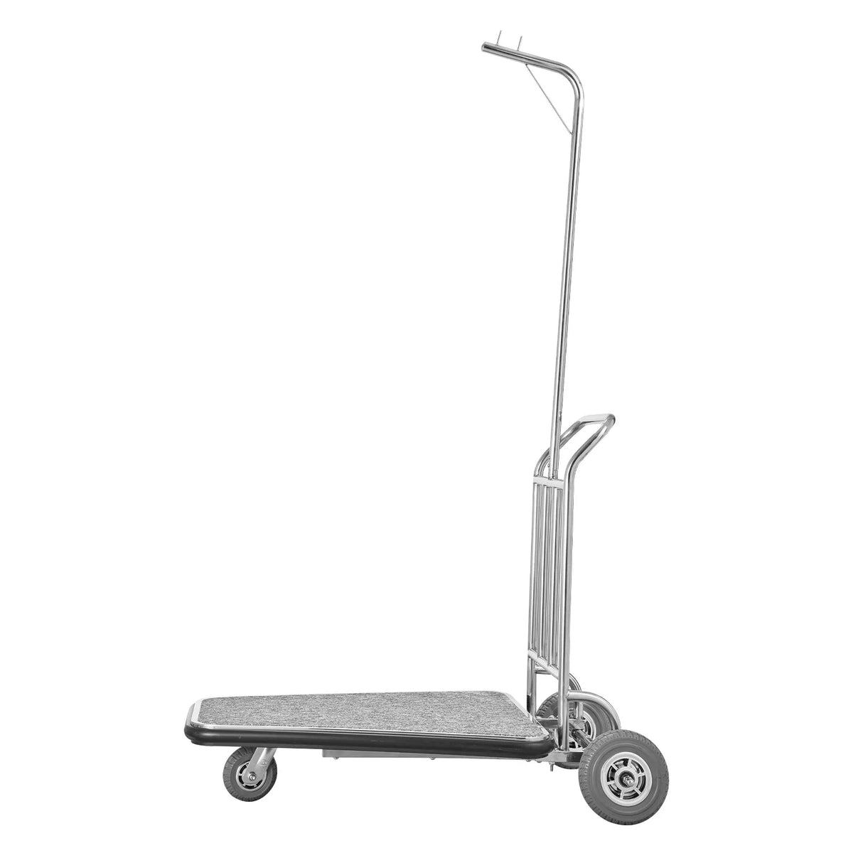 VEVOR bagāžas ratiņi, kravnesība 272 kg, 3 riteņu nerūsējošā tērauda ratiņi ar pelēku paklāja platformu un gumijas riteņiem, sudraba krāsā, piemēroti konferenču centriem, viesnīcām un īres īpašumiem - ZEMLETES.LV