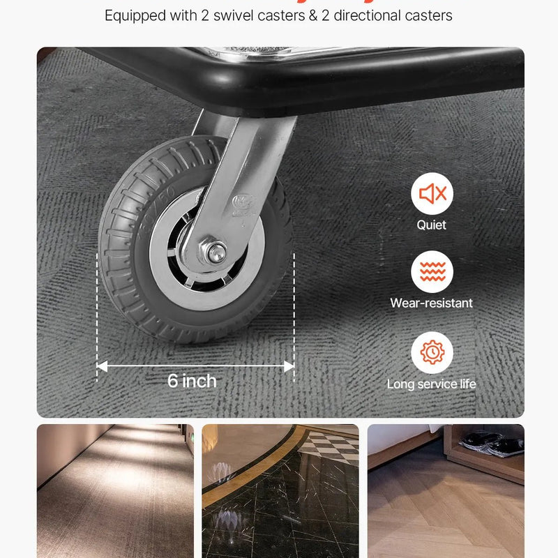 VEVOR viesnīcu bagāžas ratiņi, kravnesība 340 kg, platformas ratiņi ar noņemamu priekšējo rāmi, ar pelēku paklāja platformu un 152 mm gumijas riteņiem, piemēroti viesnīcām, apartamentiem un kūrortiem - ZEMLETES.LV