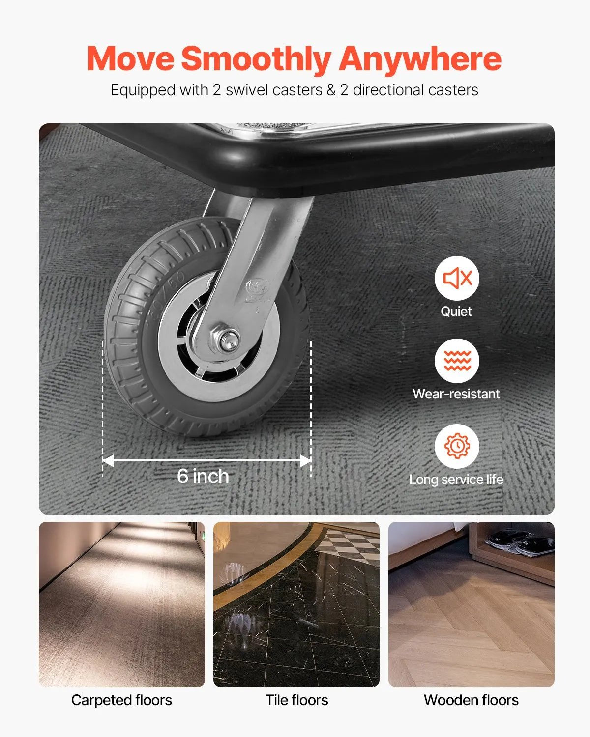 VEVOR viesnīcu bagāžas ratiņi, kravnesība 340 kg, platformas ratiņi ar noņemamu priekšējo rāmi, ar pelēku paklāja platformu un 152 mm gumijas riteņiem, piemēroti viesnīcām, apartamentiem un kūrortiem - ZEMLETES.LV