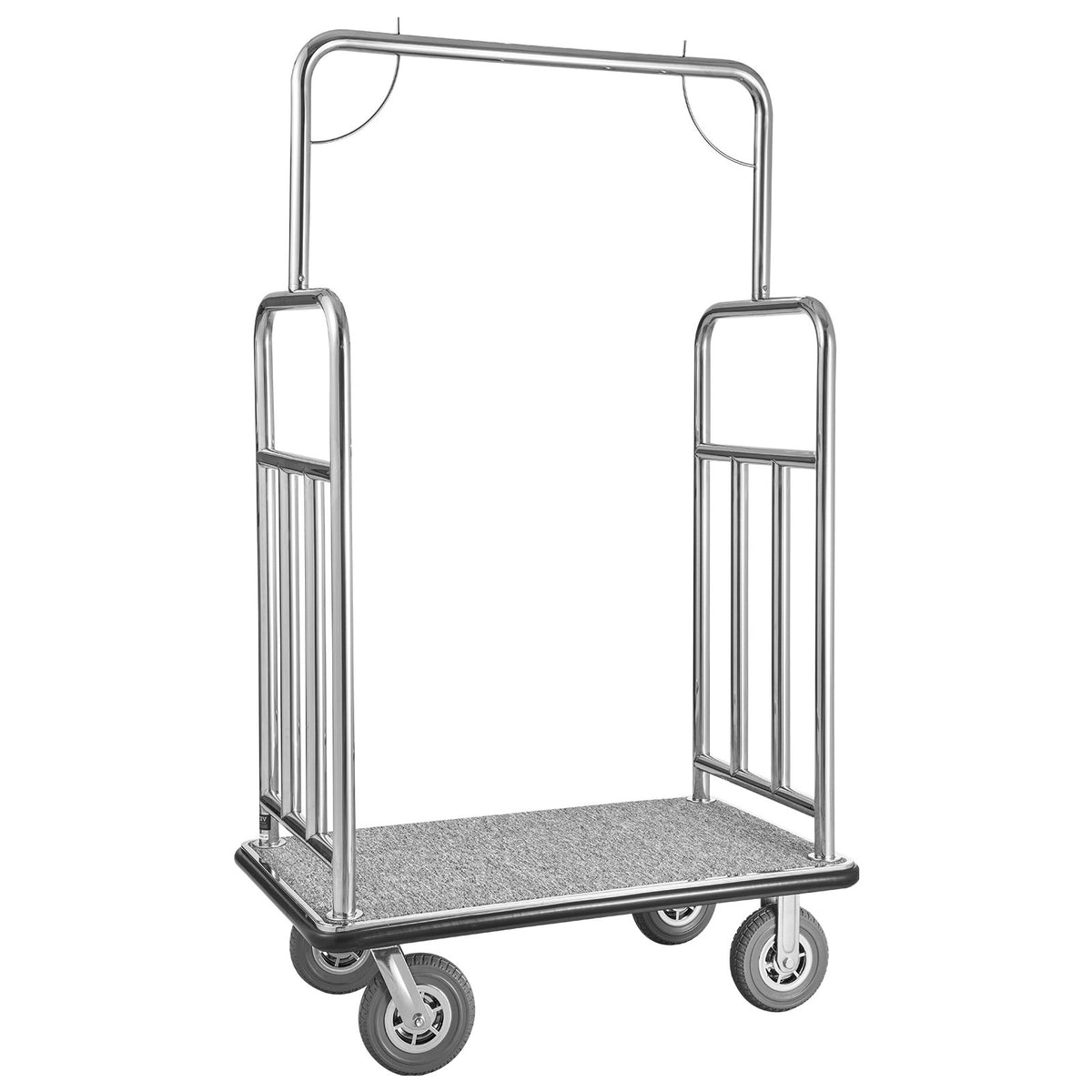 VEVOR viesnīcu bagāžas ratiņi, kravnesība 544 kg, nerūsējošā tērauda apdare, ratiņi ar pelēku paklāja platformu un 203 mm gumijas riteņiem, sudraba krāsā, piemēroti viesnīcām, apartamentiem un kūrortiem - ZEMLETES.LV
