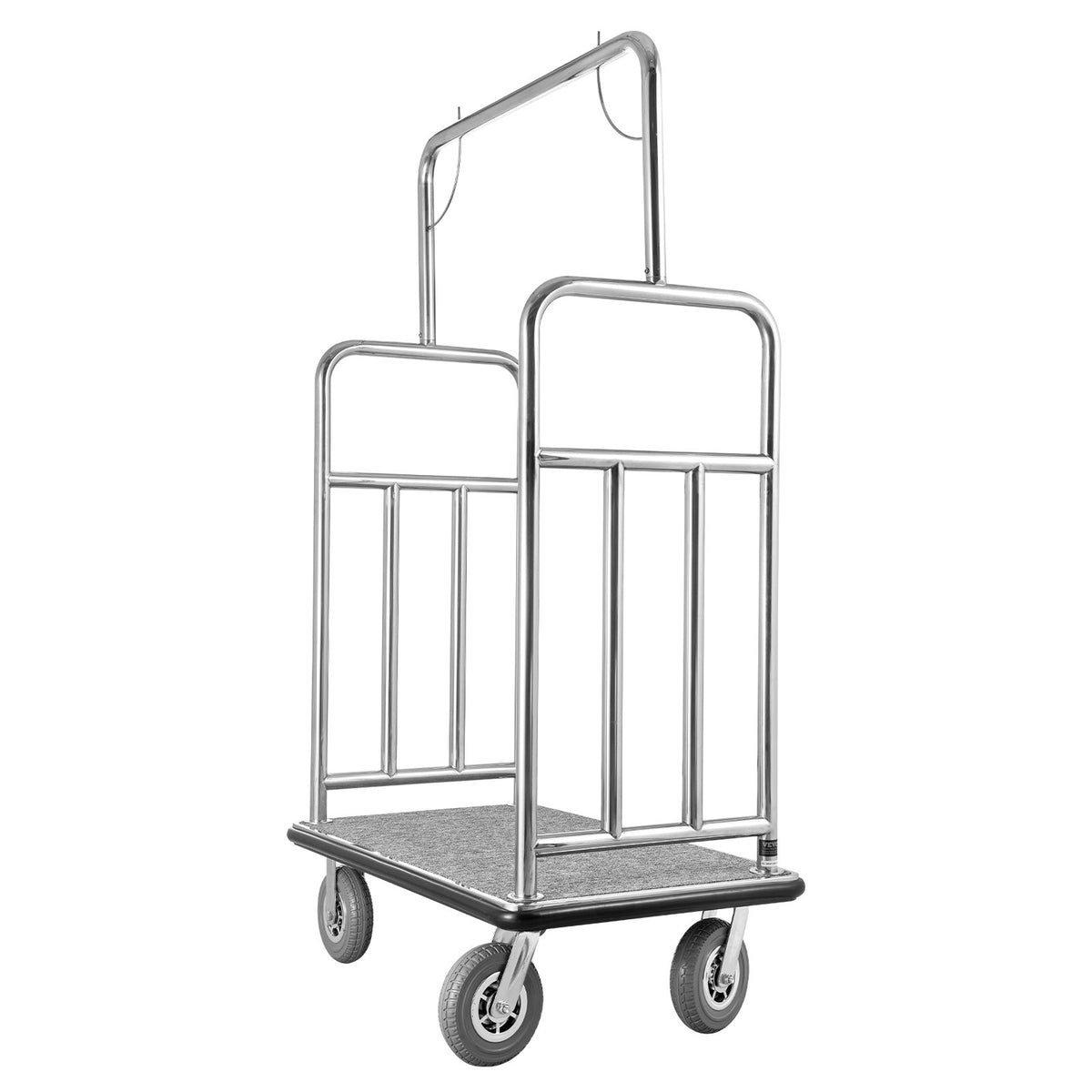 VEVOR viesnīcu bagāžas ratiņi, kravnesība 544 kg, nerūsējošā tērauda apdare, ratiņi ar pelēku paklāja platformu un 203 mm gumijas riteņiem, sudraba krāsā, piemēroti viesnīcām, apartamentiem un kūrortiem - ZEMLETES.LV