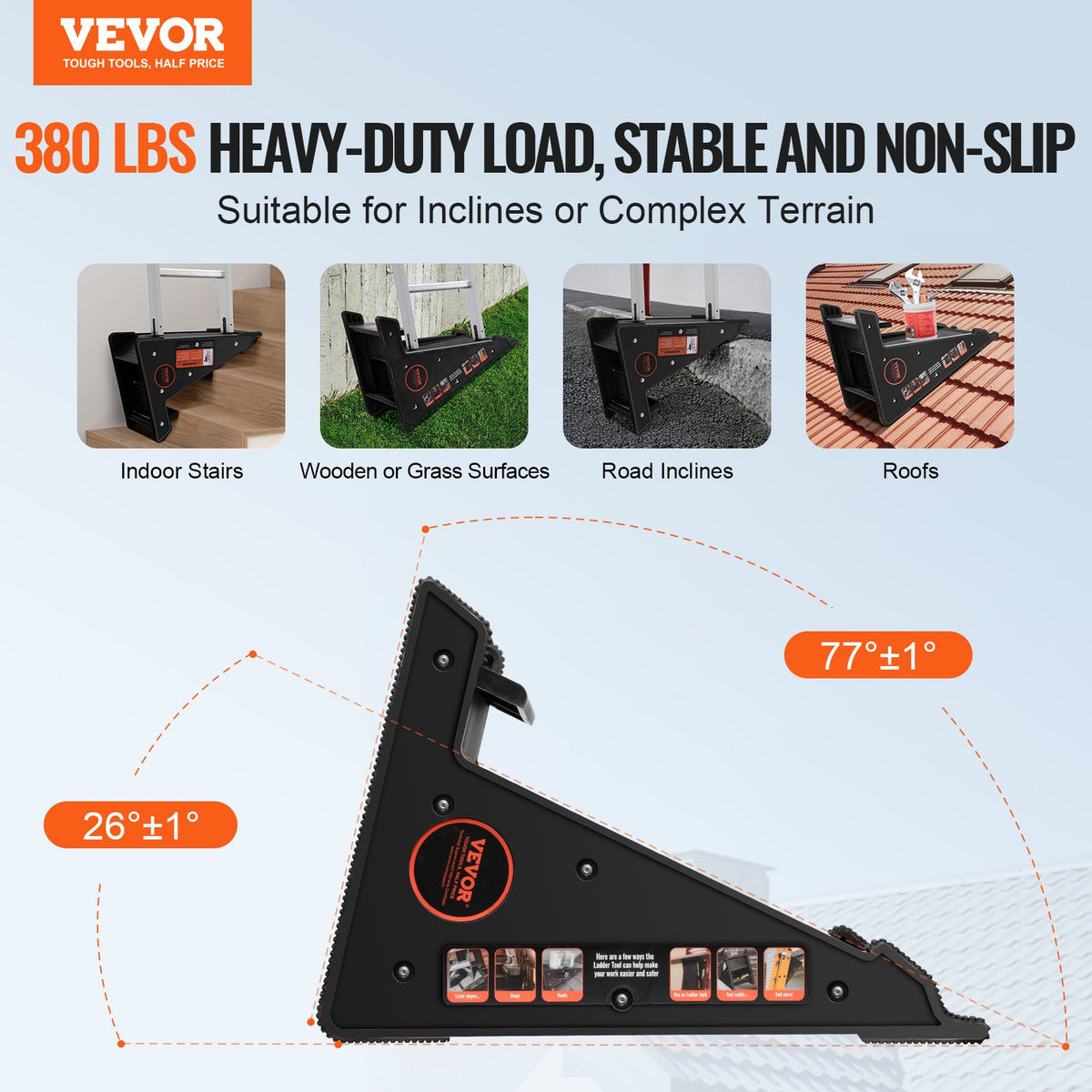 VEVOR kāpņu līmeņotājs ar 172,4 kg celtspēju, PP materiāla stabilizators ar uzglabāšanas nodalījumu, piemērots nelīdzenai virsmai - ZEMLETES.LV