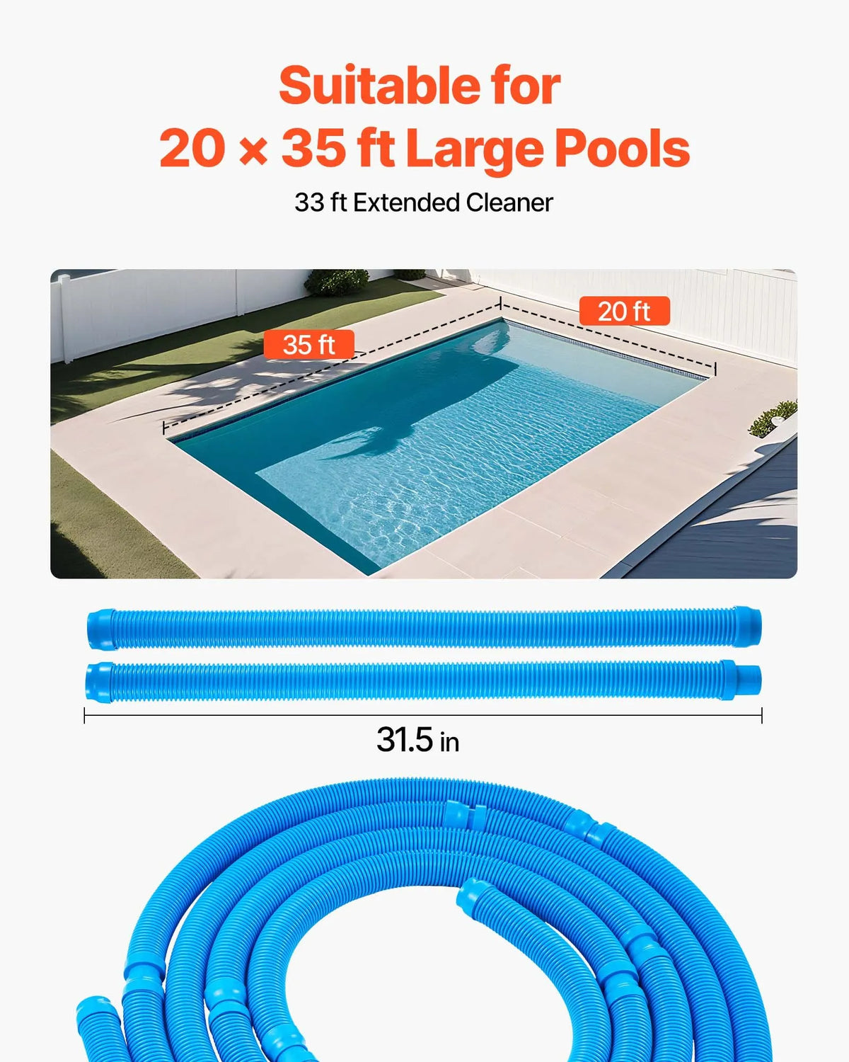 VEVOR Automatic Pool Cleaner with Suction System, Pool Vacuum with 12 Hoses, Suitable for In-Ground and Above-Ground Pools up to 6.1 × 10.7 m