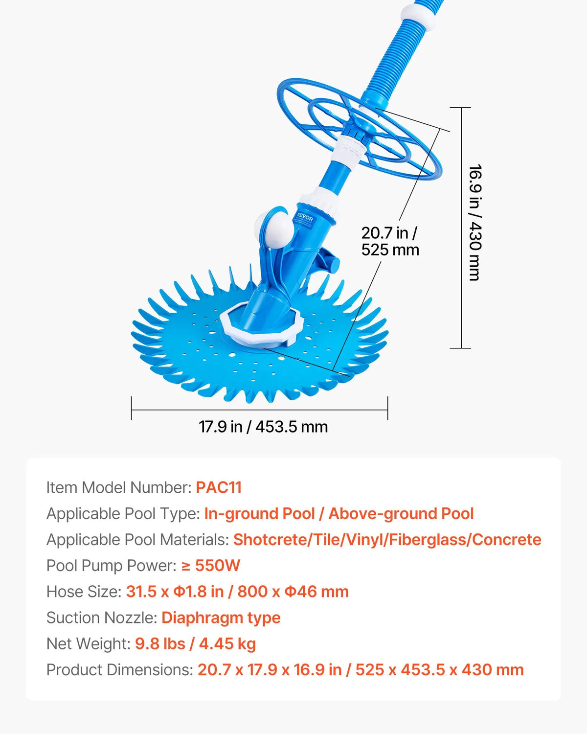 VEVOR Automatic Pool Cleaner with Suction System, Pool Vacuum with 12 Hoses, Suitable for In-Ground and Above-Ground Pools up to 6.1 × 10.7 m