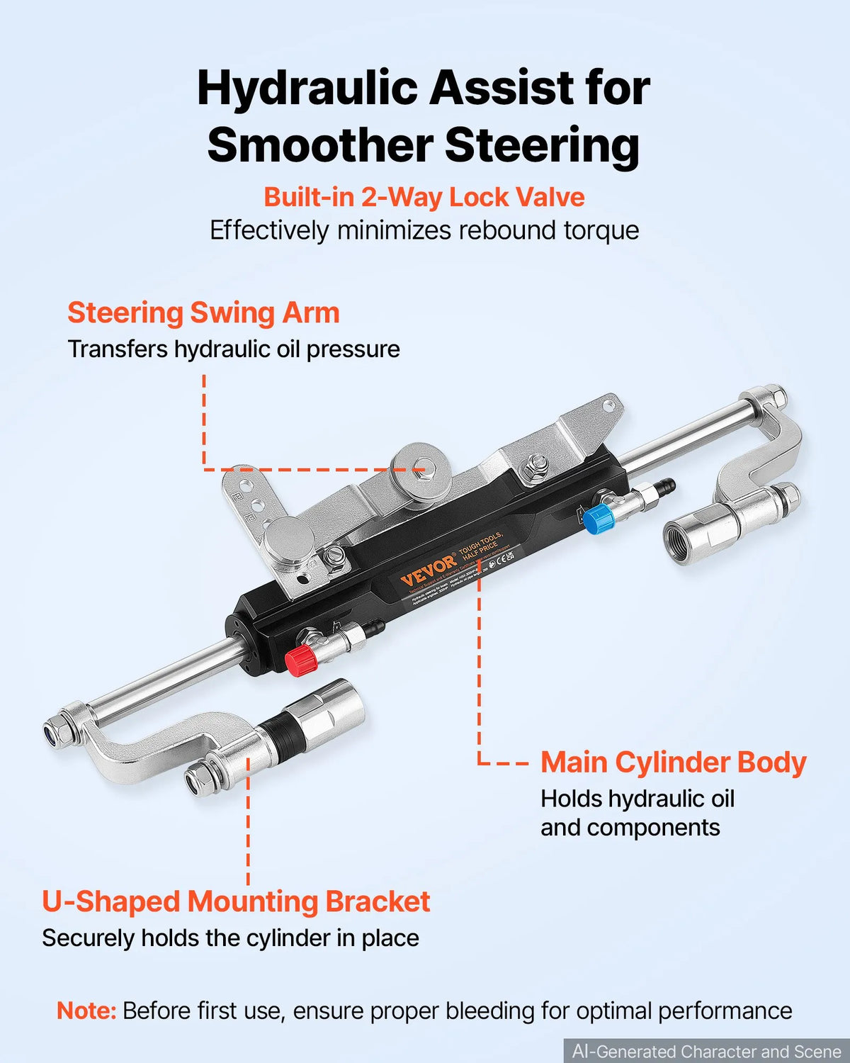 VEVOR Hydraulic Steering Kit 300 HP, 2.5 MPa, 7.92 m, for Outboard Boat Motors, Hydraulic Pump, Dual-Action Cylinder, 2 High-Pressure Hoses, Single Engine