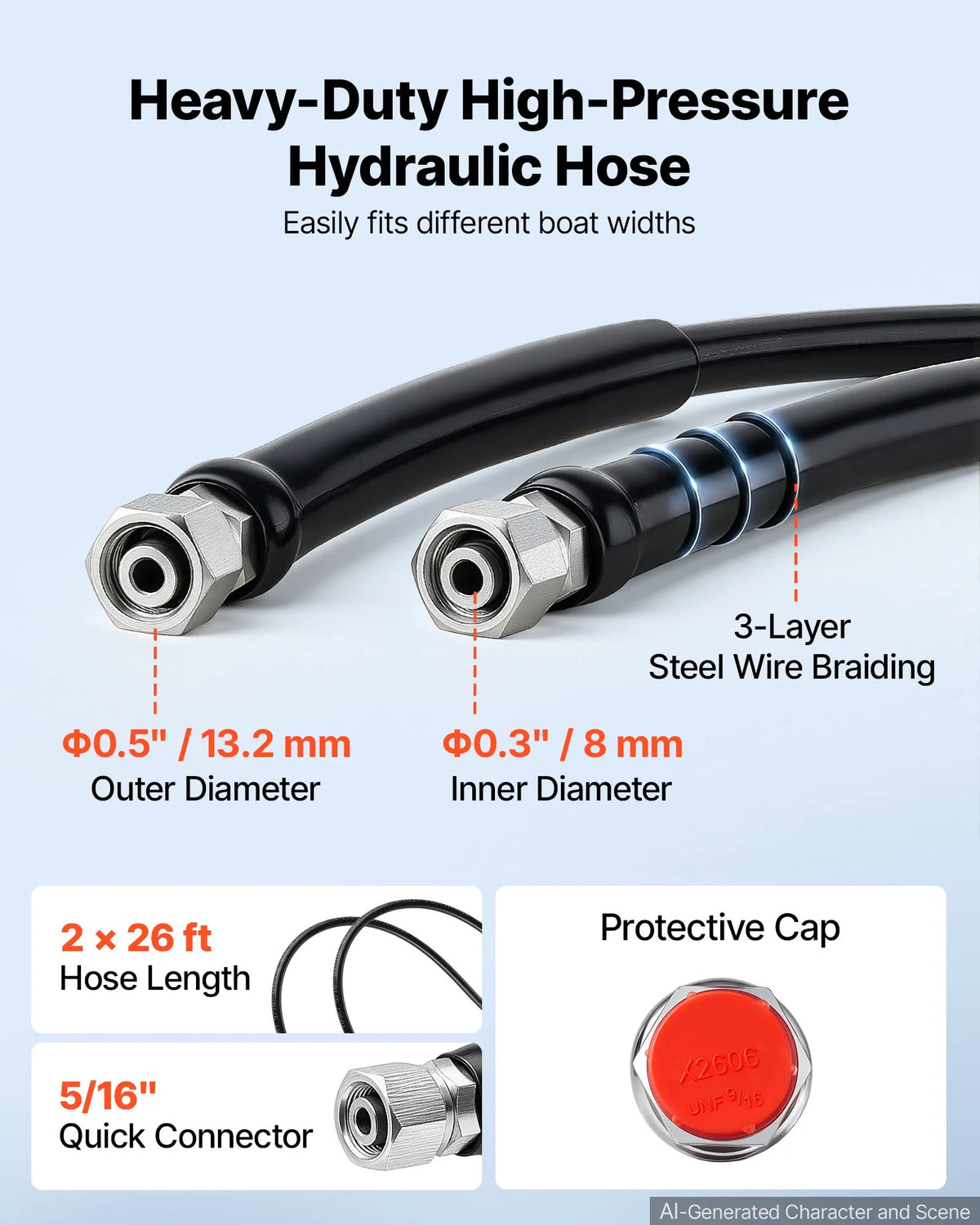 VEVOR Hydraulic Steering Kit 300 HP, 2.5 MPa, 7.92 m, for Outboard Boat Motors, Hydraulic Pump, Dual-Action Cylinder, 2 High-Pressure Hoses, Single Engine