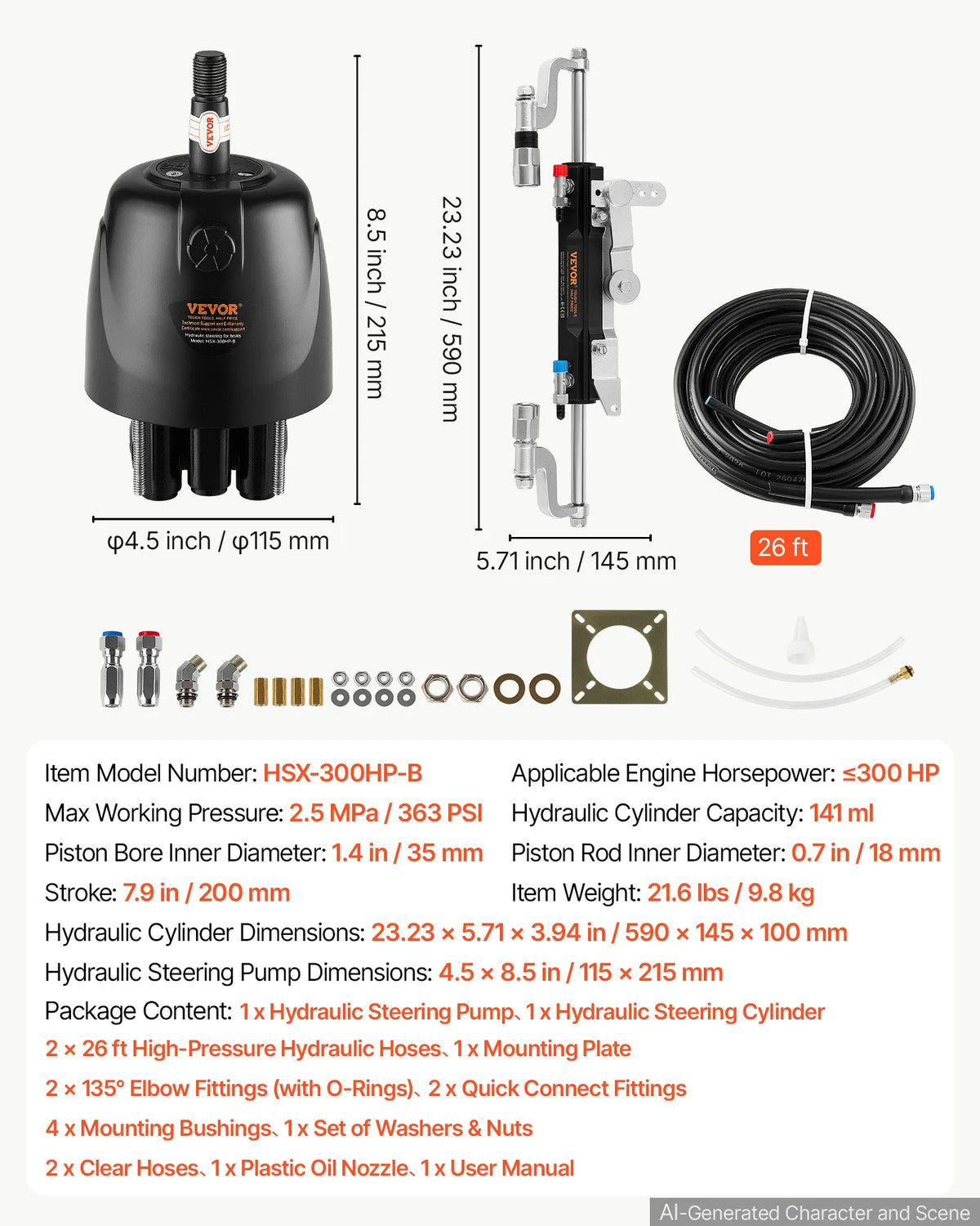 VEVOR Hydraulic Steering Kit 300 HP, 2.5 MPa, 7.92 m, for Outboard Boat Motors, Hydraulic Pump, Dual-Action Cylinder, 2 High-Pressure Hoses, Single Engine