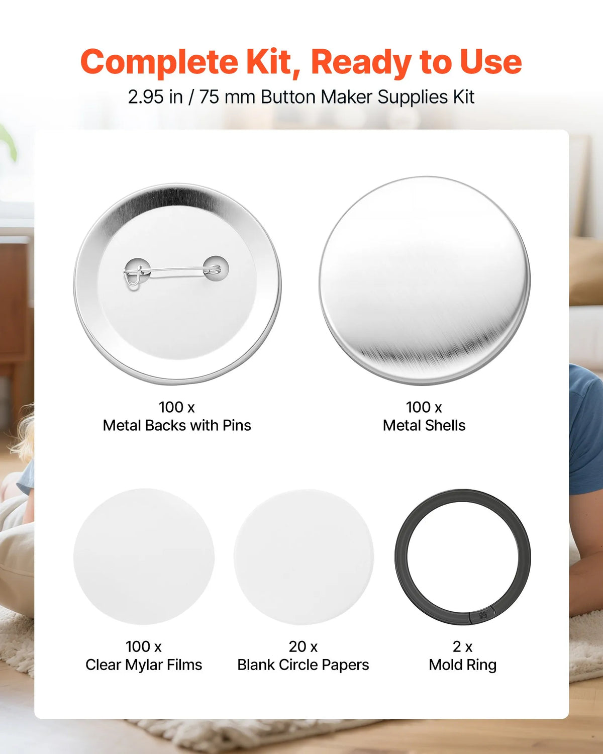 VEVOR Button Badge Maker Accessories 75 mm Button Press, 100 Sets – Metal Cases, Backs, Mylar Films and Paper Discs