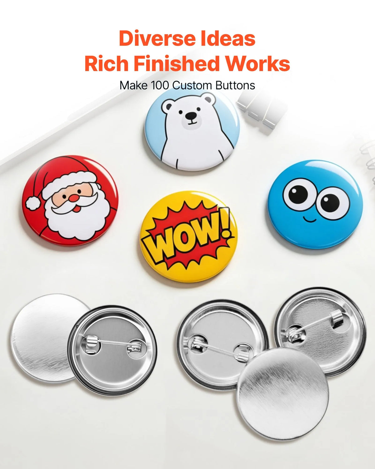 VEVOR Button Badge Maker Accessories 75 mm Button Press, 100 Sets – Metal Cases, Backs, Mylar Films and Paper Discs