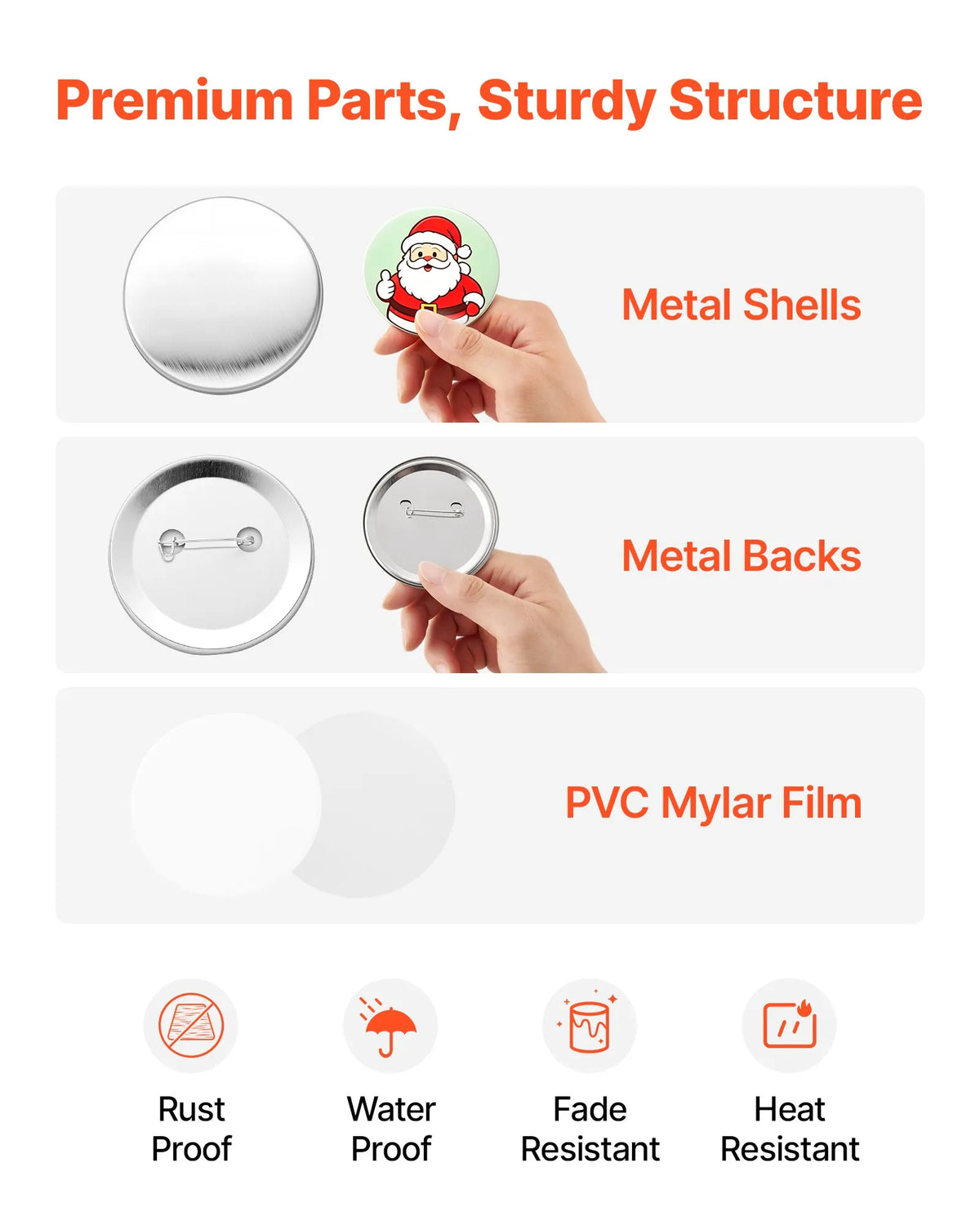 VEVOR Button Badge Maker Accessories 75 mm Button Press, 100 Sets – Metal Cases, Backs, Mylar Films and Paper Discs