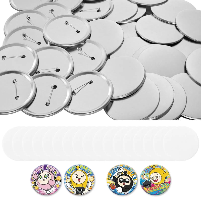 VEVOR pogu izgatavošanas piederumi, 100 komplekti, 75 mm apaļo piespraužu detaļas, metāla aizmugures, metāla korpusi, caurspīdīgas Mylar plēves un tukši papīra diski DIY projektiem, skolas pasākumiem un personalizētām pogām