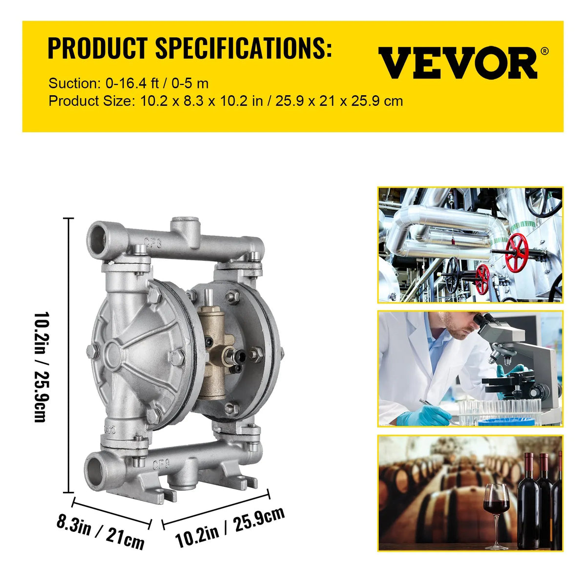 VEVOR pneimatisks dubultās membrānas sūknis, ieplūde un izplūde, nerūsējošā tērauda korpuss, 11,36 l/min, PTFE membrāna, pārneses sūknis naftas, dīzeļdegvielas, eļļas un zemas viskozitātes šķidrumiem. - ZEMLETES.LV