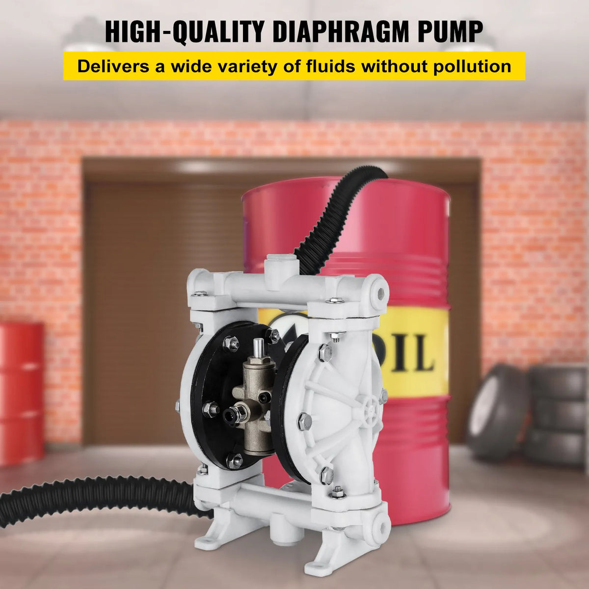 VEVOR pneimatiskais dubultās membrānas sūknis, polipropilēna korpuss, PTFE membrānas, 25,4 mm ieplūde/izplūde, 9,46 L/min, paredzēts naftas produktiem, dīzeļdegvielai, eļļām un zemas viskozitātes šķidrumiem - ZEMLETES.LV