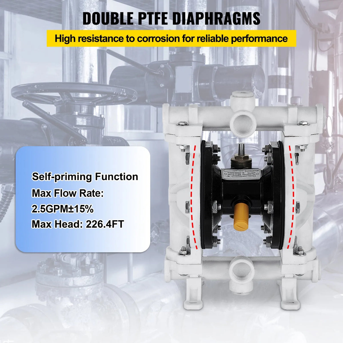 VEVOR pneimatiskais dubultās membrānas sūknis, polipropilēna korpuss, PTFE membrānas, 25,4 mm ieplūde/izplūde, 9,46 L/min, paredzēts naftas produktiem, dīzeļdegvielai, eļļām un zemas viskozitātes šķidrumiem - ZEMLETES.LV