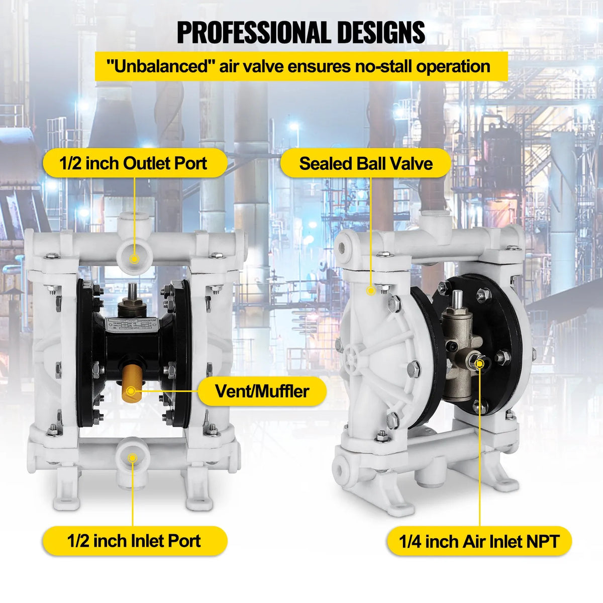 VEVOR pneimatiskais dubultās membrānas sūknis, polipropilēna korpuss, PTFE membrānas, 25,4 mm ieplūde/izplūde, 9,46 L/min, paredzēts naftas produktiem, dīzeļdegvielai, eļļām un zemas viskozitātes šķidrumiem - ZEMLETES.LV