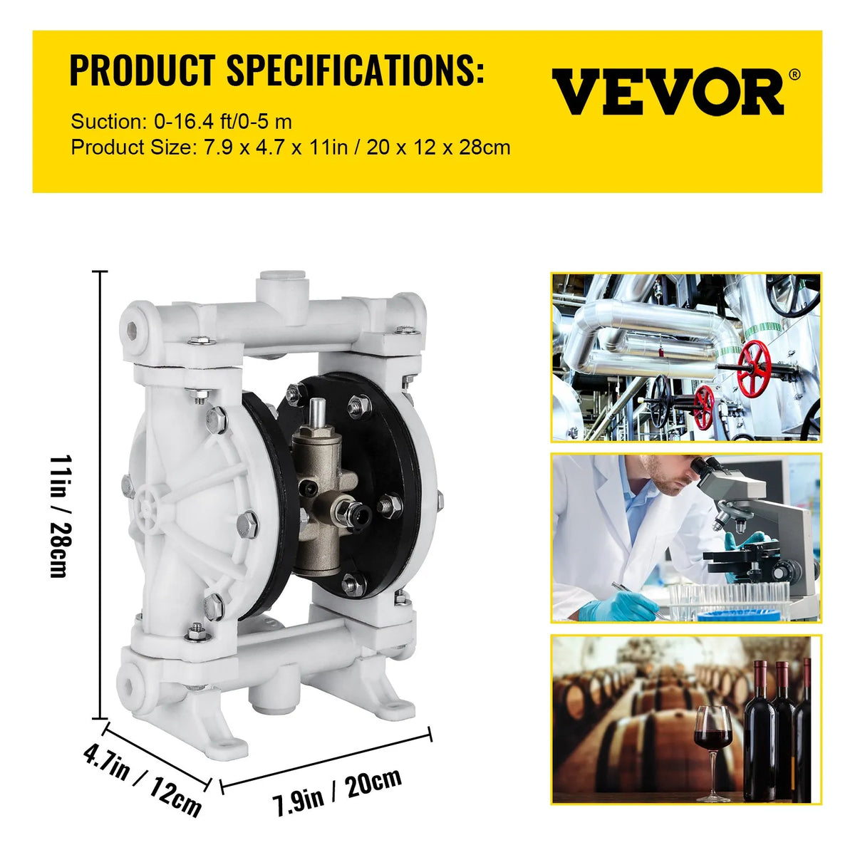 VEVOR pneimatiskais dubultās membrānas sūknis, polipropilēna korpuss, PTFE membrānas, 25,4 mm ieplūde/izplūde, 9,46 L/min, paredzēts naftas produktiem, dīzeļdegvielai, eļļām un zemas viskozitātes šķidrumiem - ZEMLETES.LV