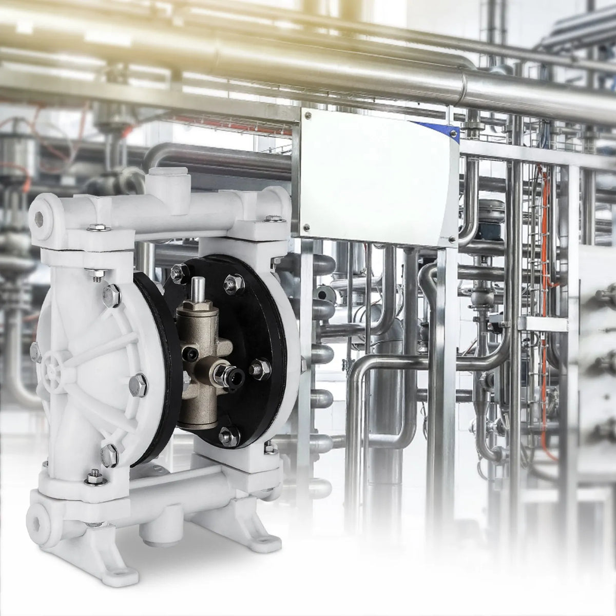 VEVOR pneimatiskais dubultās membrānas sūknis, polipropilēna korpuss, PTFE membrānas, 25,4 mm ieplūde/izplūde, 9,46 L/min, paredzēts naftas produktiem, dīzeļdegvielai, eļļām un zemas viskozitātes šķidrumiem - ZEMLETES.LV
