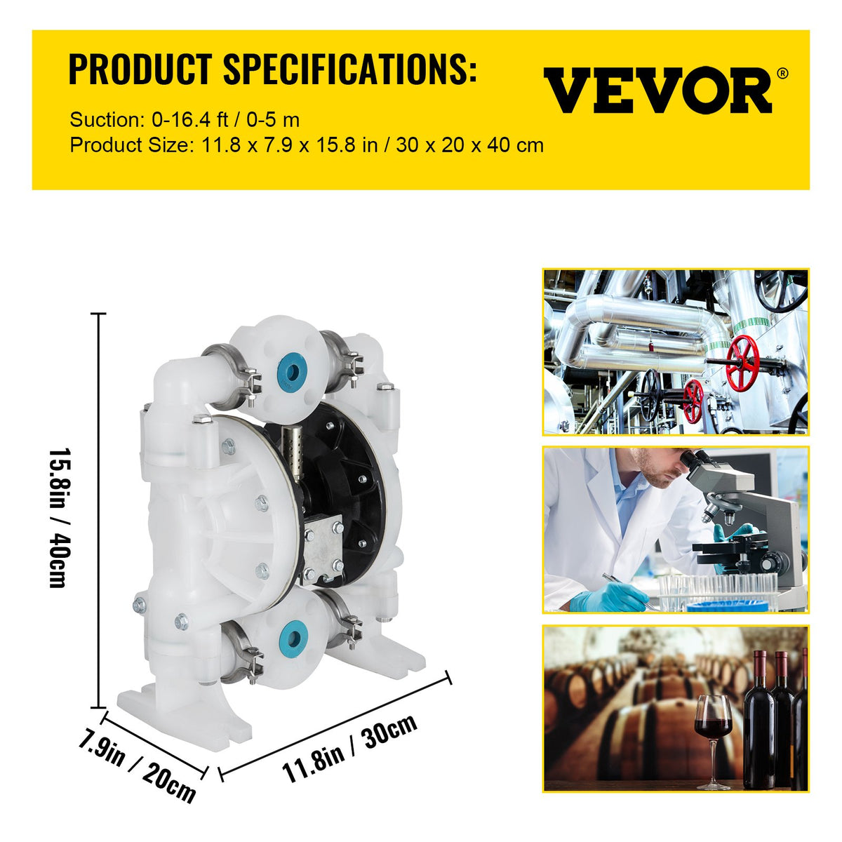 VEVOR pneimatiskais dubultās membrānas sūknis, 25,4 mm ieplūde/izplūde, 113 L/min, polipropilēns, maks. 7 bar, ķīmiskai un rūpnieciskai lietošanai - ZEMLETES.LV