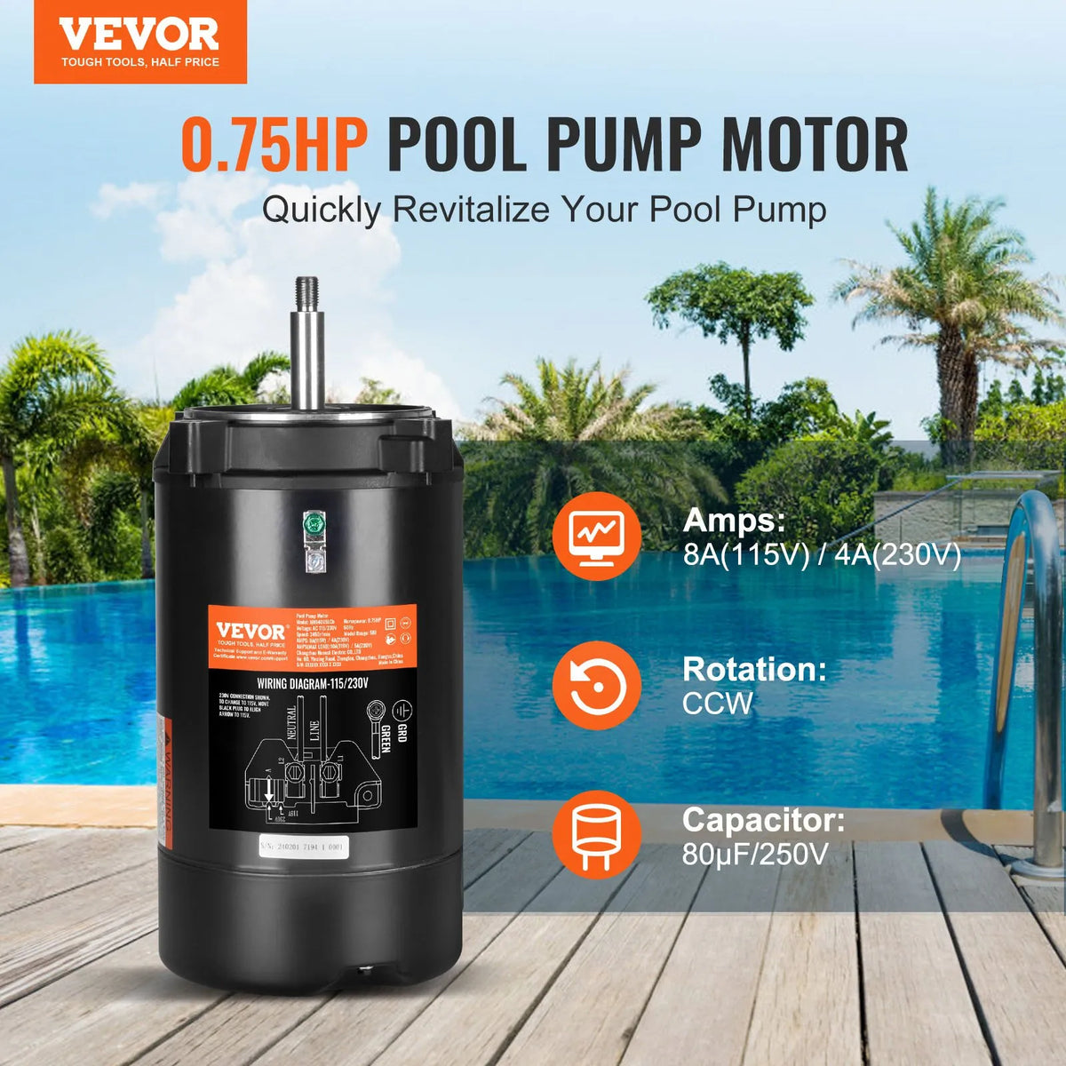VEVOR 0,75 ZS baseina sūkņa motors, 56J rāmis, 115 V (8 A) / 230 V (4 A), 3450 apgr./min., 60 Hz, servisa koeficients 1,5, 80 μF/250 V kondensators, pretēji pulksteņrādītāja virzienam rotācija, apaļā atloka nomaiņas motors - ZEMLETES.LV