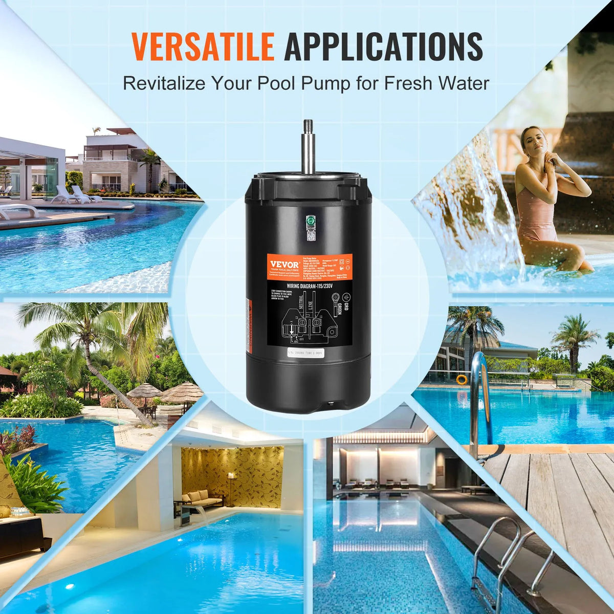 VEVOR 0,75 ZS baseina sūkņa motors, 56J rāmis, 115 V (8 A) / 230 V (4 A), 3450 apgr./min., 60 Hz, servisa koeficients 1,5, 80 μF/250 V kondensators, pretēji pulksteņrādītāja virzienam rotācija, apaļā atloka nomaiņas motors - ZEMLETES.LV
