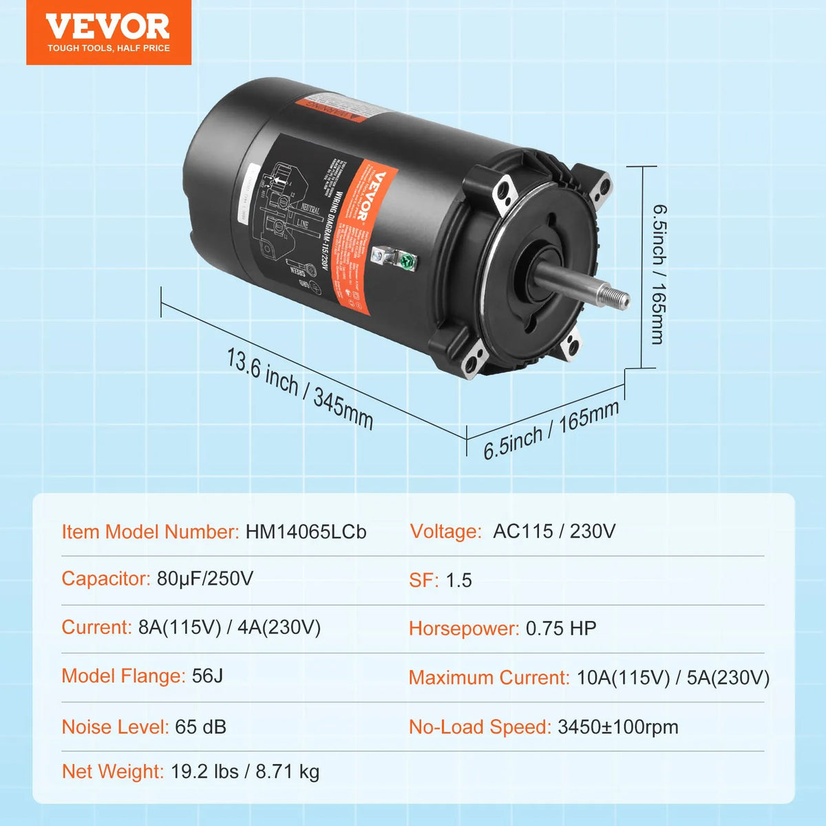 VEVOR 0,75 ZS baseina sūkņa motors, 56J rāmis, 115 V (8 A) / 230 V (4 A), 3450 apgr./min., 60 Hz, servisa koeficients 1,5, 80 μF/250 V kondensators, pretēji pulksteņrādītāja virzienam rotācija, apaļā atloka nomaiņas motors - ZEMLETES.LV