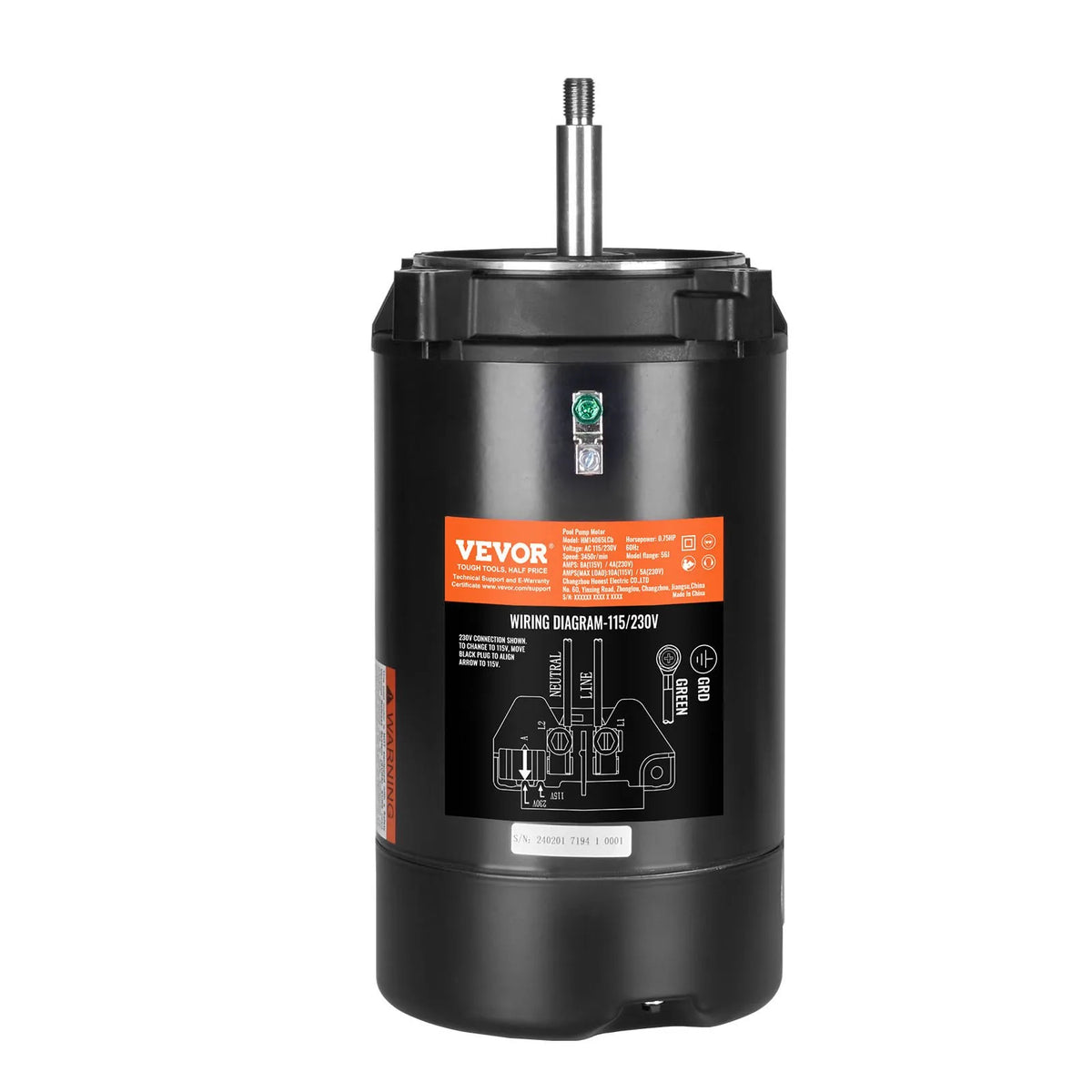 VEVOR 0,75 ZS baseina sūkņa motors, 56J rāmis, 115 V (8 A) / 230 V (4 A), 3450 apgr./min., 60 Hz, servisa koeficients 1,5, 80 μF/250 V kondensators, pretēji pulksteņrādītāja virzienam rotācija, apaļā atloka nomaiņas motors - ZEMLETES.LV