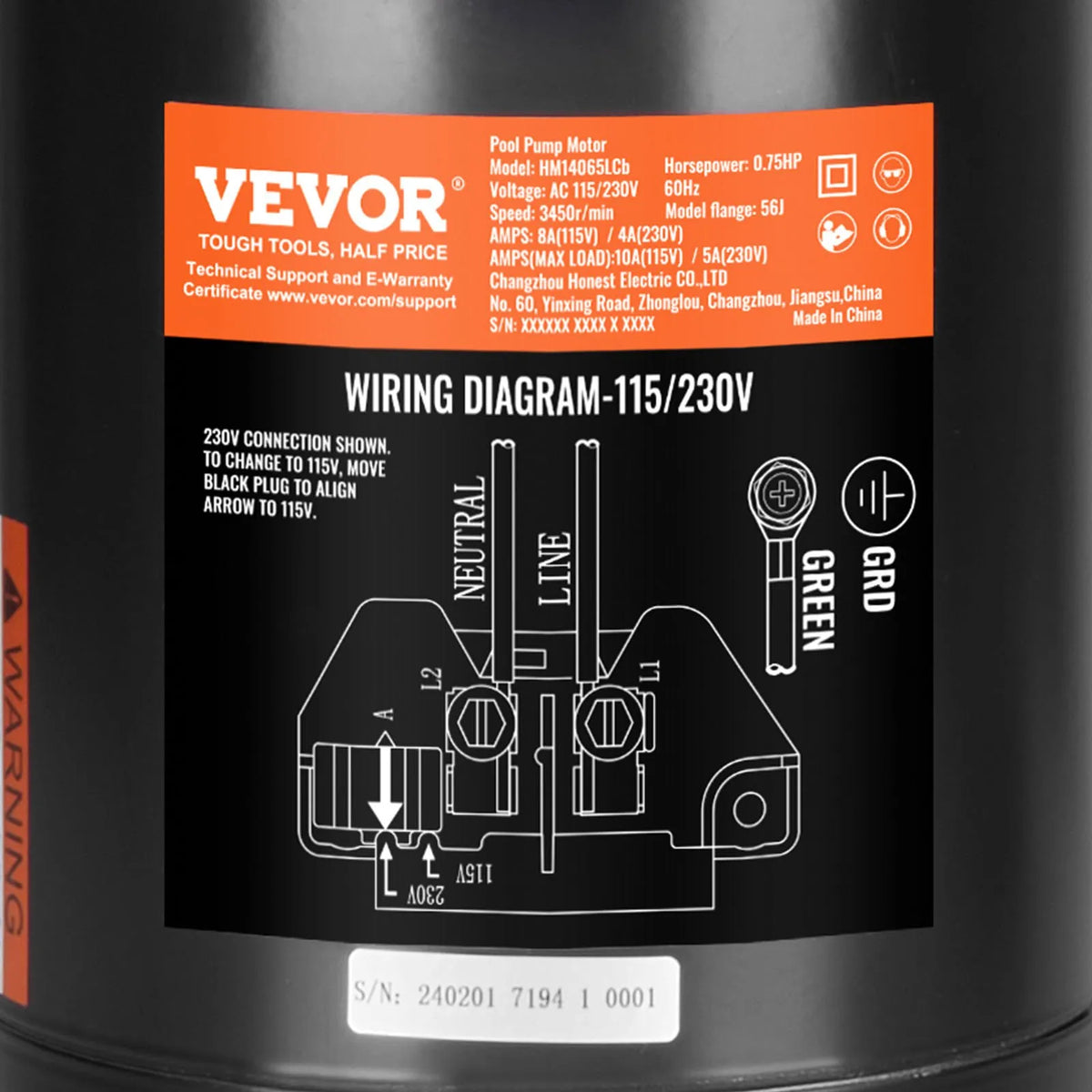 VEVOR 0,75 ZS basseinipumba mootor, 56J raam, 115 V (8 A) / 230 V (4 A), 3450 pööret minutis, 60 Hz, koormuskoefitsient 1,5, 80 μF/250 V kondensaator, pöörlemine vastupäeva, ümmarguse tiiviku vahetusmootor