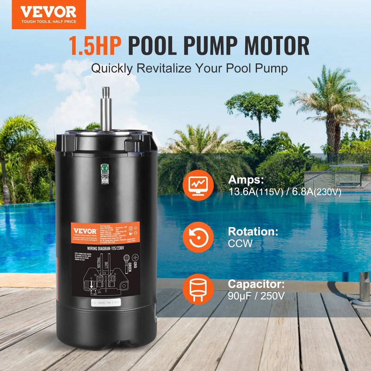 VEVOR 1,5 HP baseina sūkņa motors, 56J rāmis, 115 V/230 V, 3450 apgr./min, 90 μF/250 V kondensators, CCW rotācija, apaļš atloks - ZEMLETES.LV