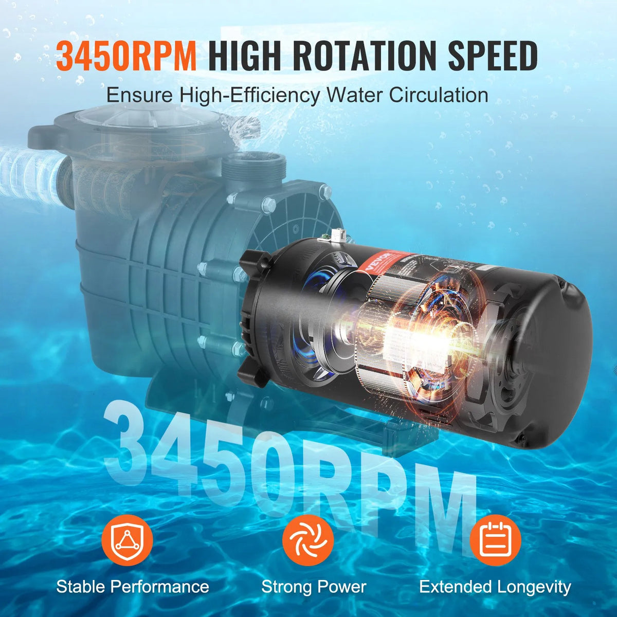 VEVOR 1,5 HP baseina sūkņa motors, 56J rāmis, 115 V/230 V, 3450 apgr./min, 90 μF/250 V kondensators, CCW rotācija, apaļš atloks - ZEMLETES.LV