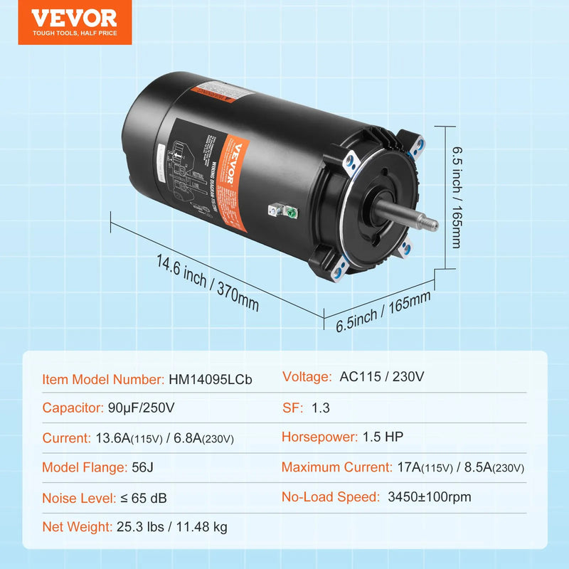 VEVOR 1,5 HP baseina sūkņa motors, 56J rāmis, 115 V/230 V, 3450 apgr./min, 90 μF/250 V kondensators, CCW rotācija, apaļš atloks