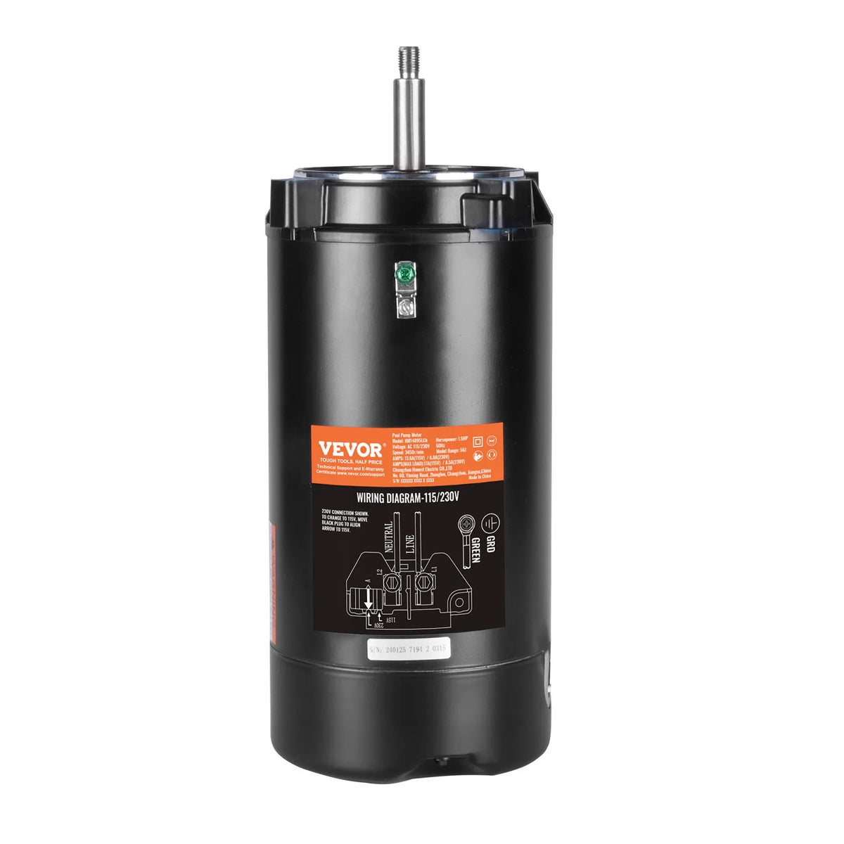 VEVOR 1,5 HP baseina sūkņa motors, 56J rāmis, 115 V/230 V, 3450 apgr./min, 90 μF/250 V kondensators, CCW rotācija, apaļš atloks - ZEMLETES.LV