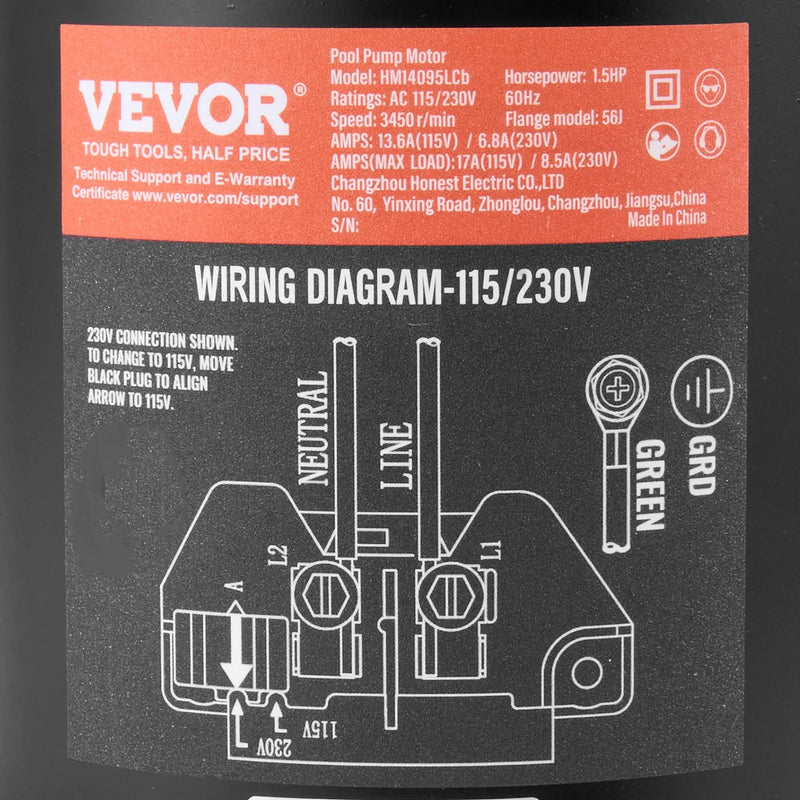 VEVOR 1,5 HP baseina sūkņa motors, 56J rāmis, 115 V/230 V, 3450 apgr./min, 90 μF/250 V kondensators, CCW rotācija, apaļš atloks