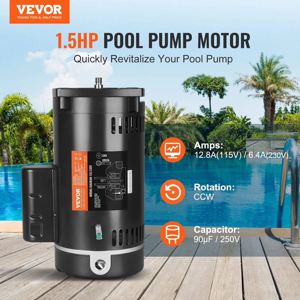 VEVOR 1,5 ZS baseina sūkņa motors, 56Y rāmis, 115 V (12,8 A) / 230 V (6,4 A), 3450 apgr./min., 60 Hz, servisa koeficients 1,1, 90 μF/250 V kondensators, pretēji pulksteņrādītāja virzienam rotācija, kvadrātveida atloka nomaiņas motors - ZEMLETES.LV